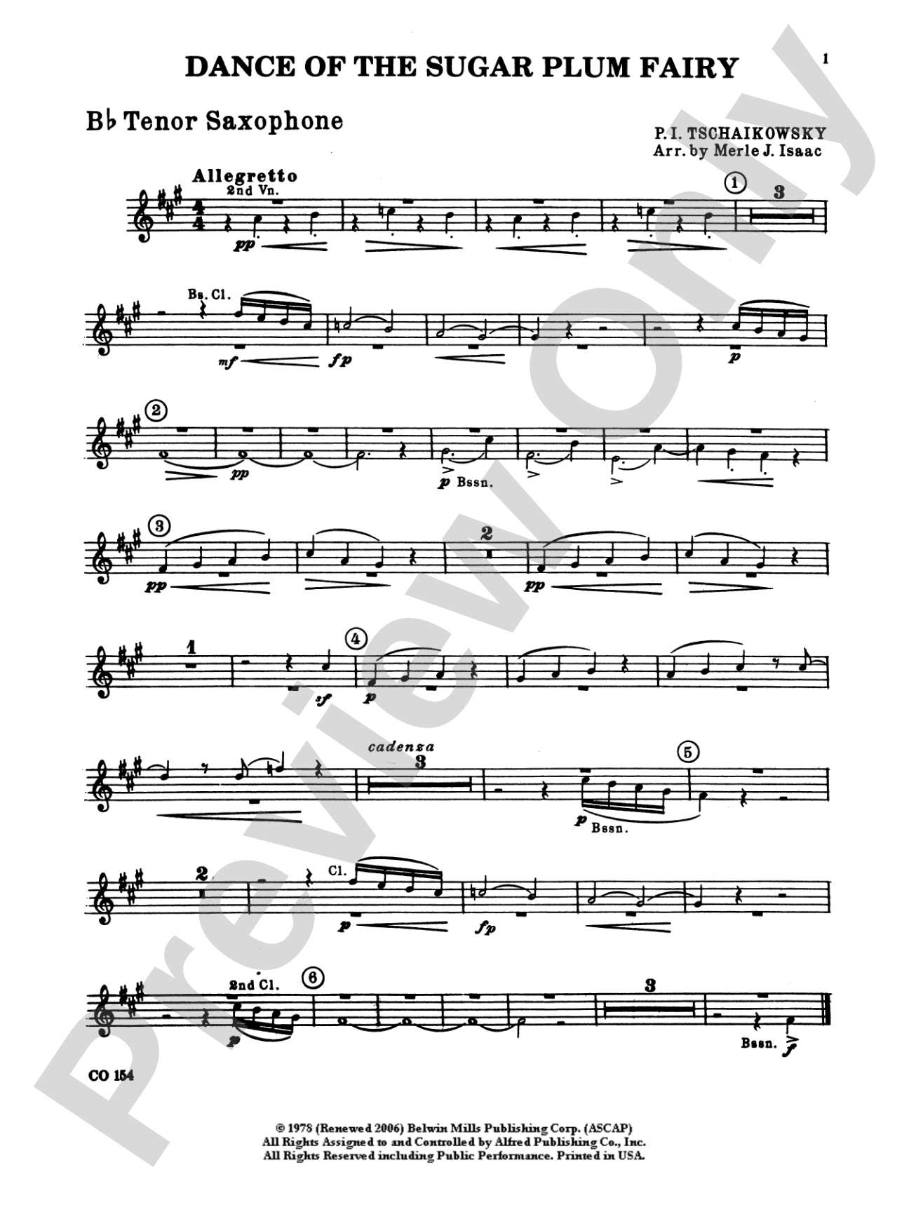 Nutcracker Ballet, Set I ("Dance of the Sugar Plum Fairy" and "Waltz of the Flowers"): B-flat Tenor Saxophone