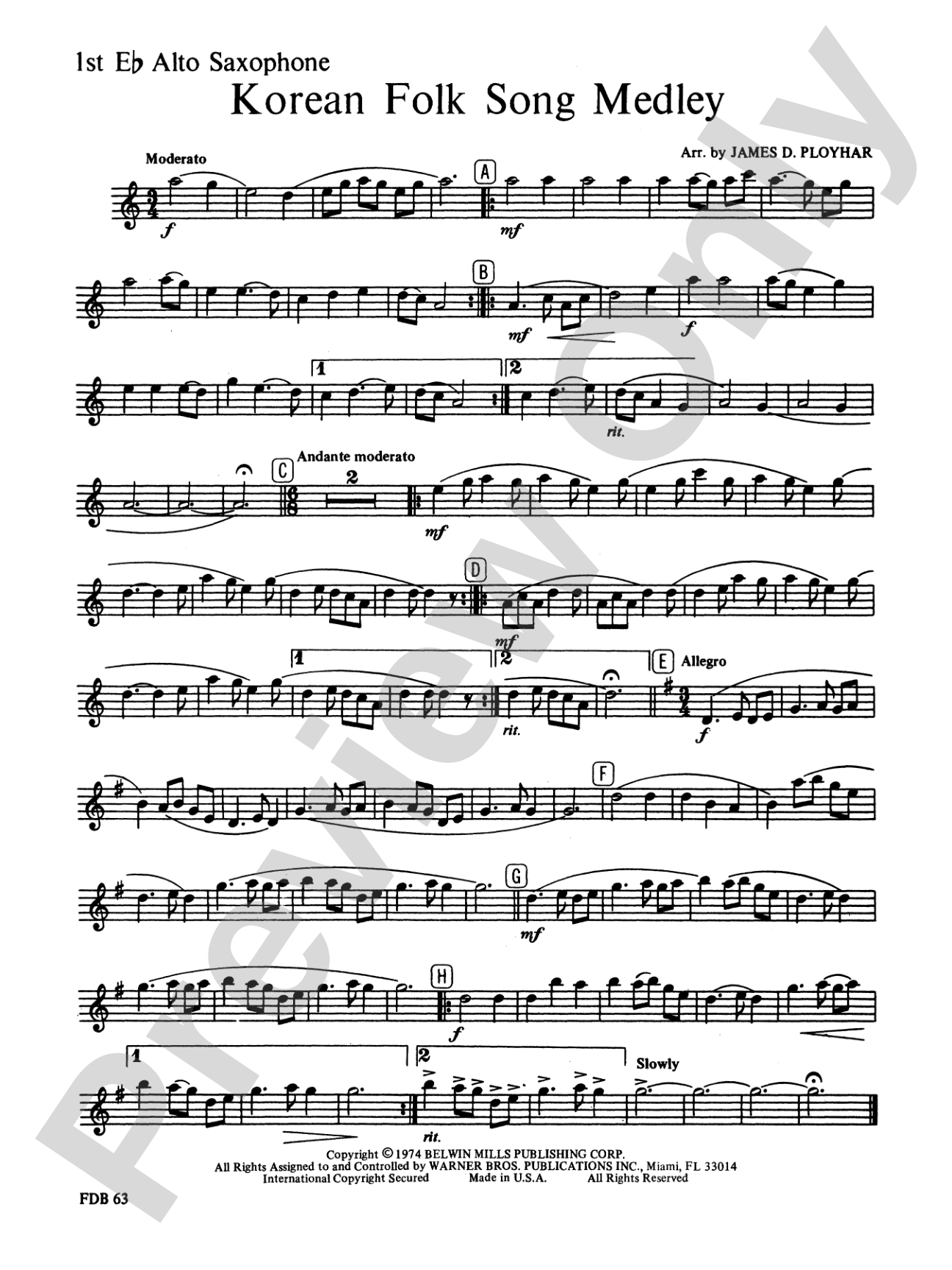 Korean Folk Song Medley: E-flat Alto Saxophone