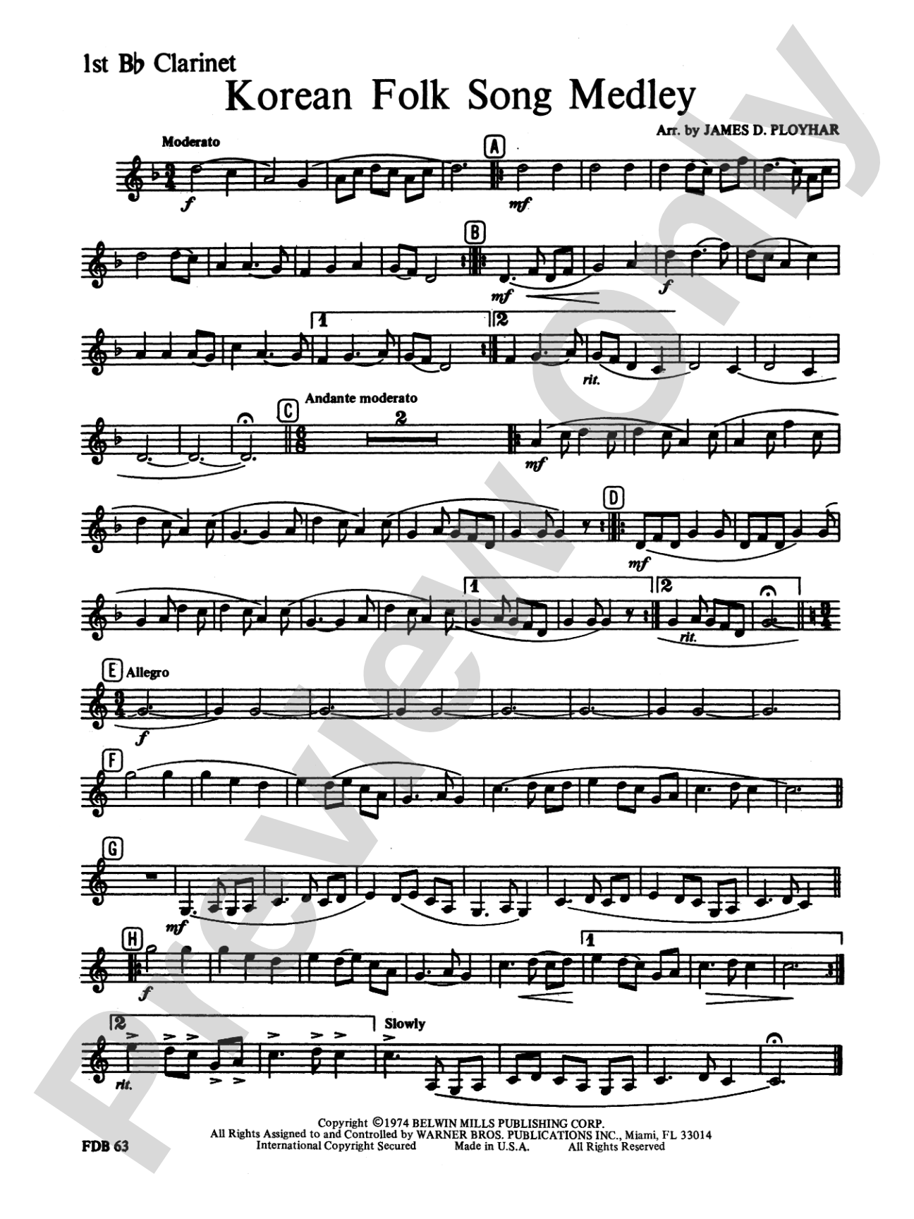 Korean Folk Song Medley: 1st B-flat Clarinet