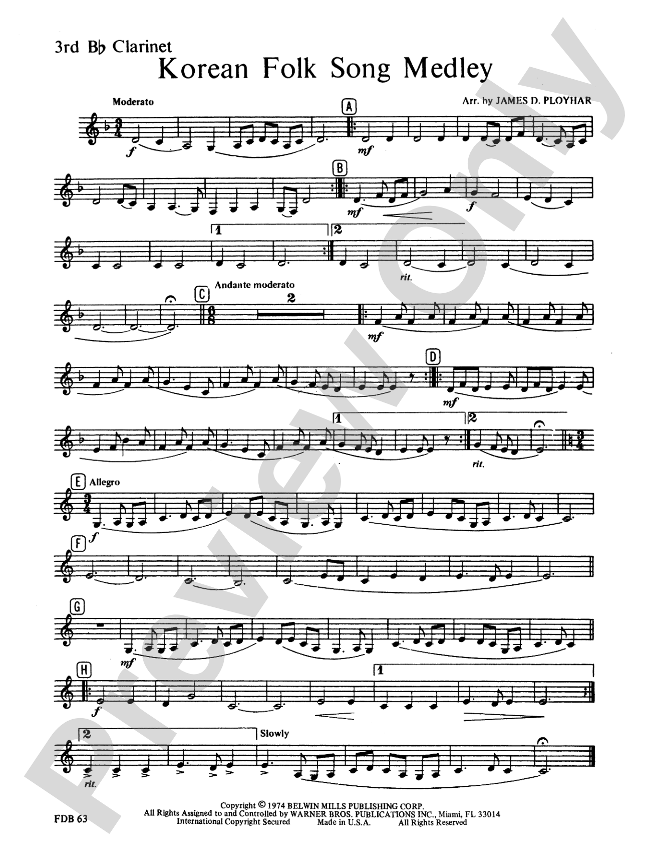 Korean Folk Song Medley: 3rd B-flat Clarinet