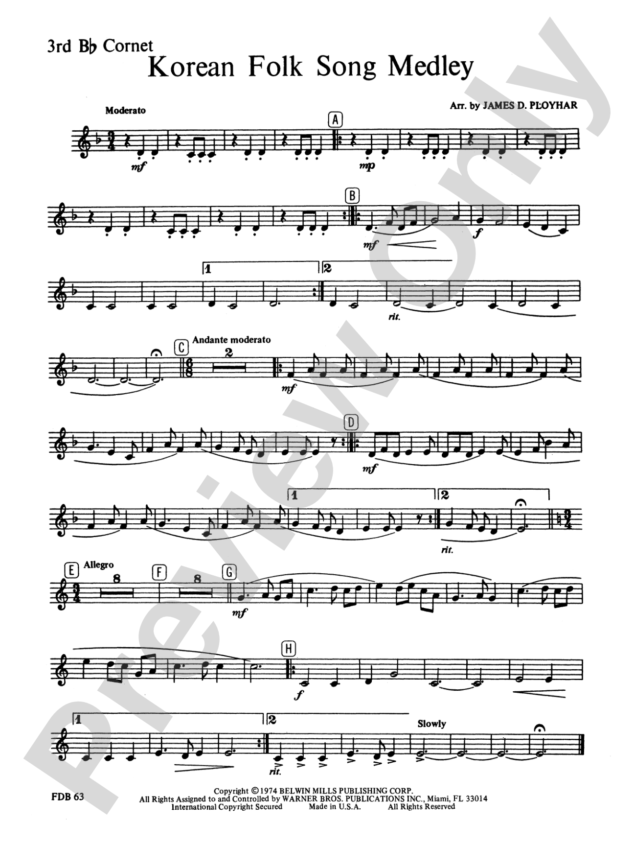Korean Folk Song Medley: 3rd B-flat Cornet