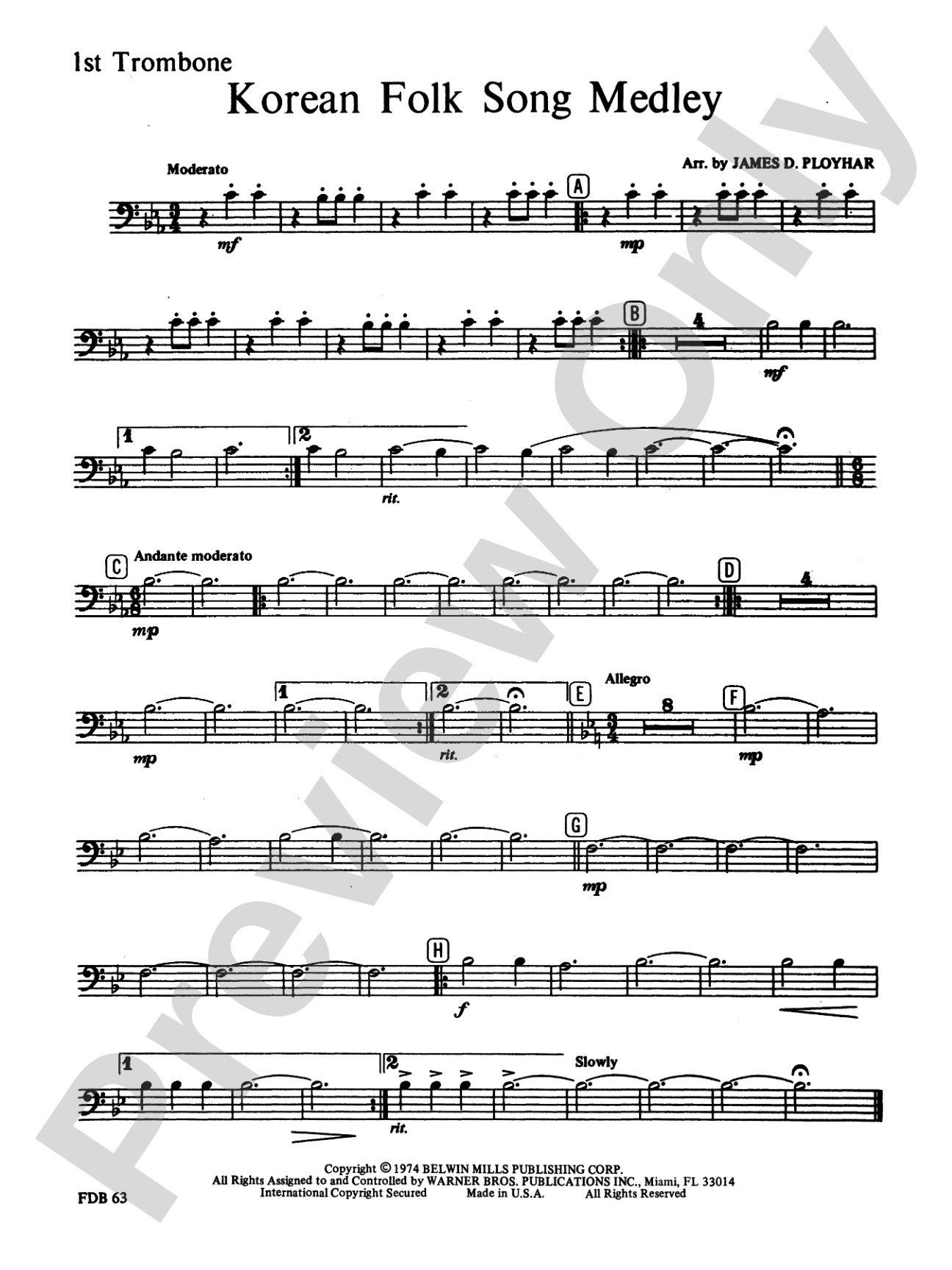 Korean Folk Song Medley: 1st Trombone