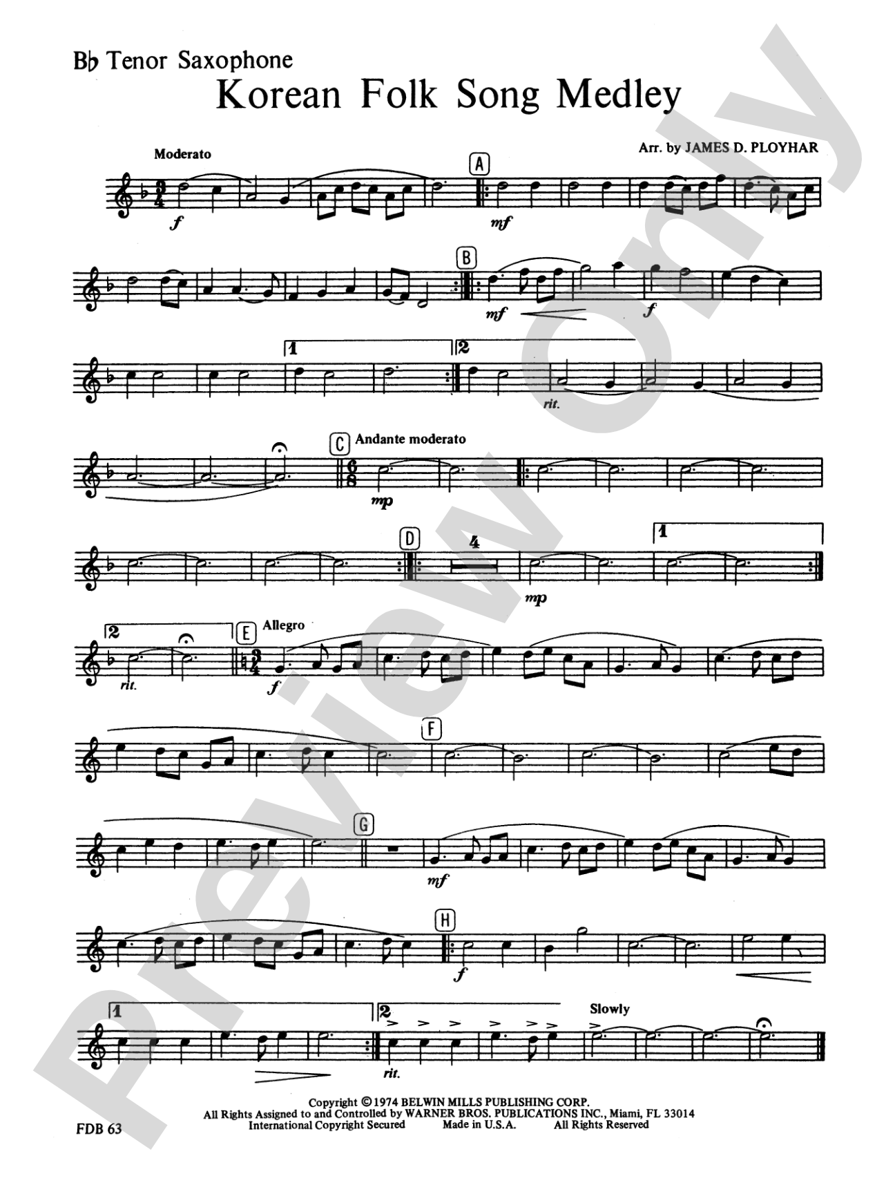 Korean Folk Song Medley: B-flat Tenor Saxophone