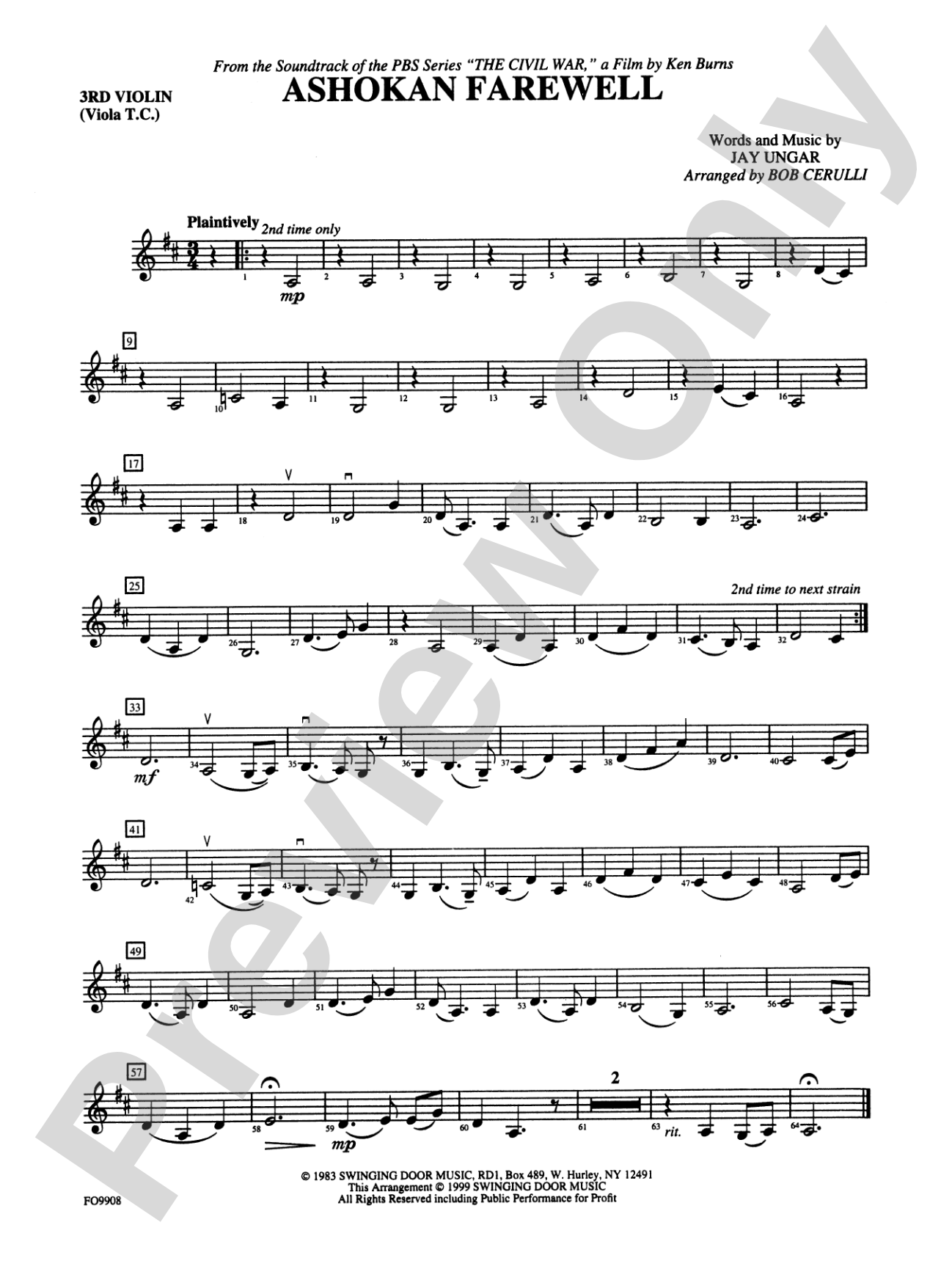 Ashokan Farewell: 3rd Violin (Viola [TC])