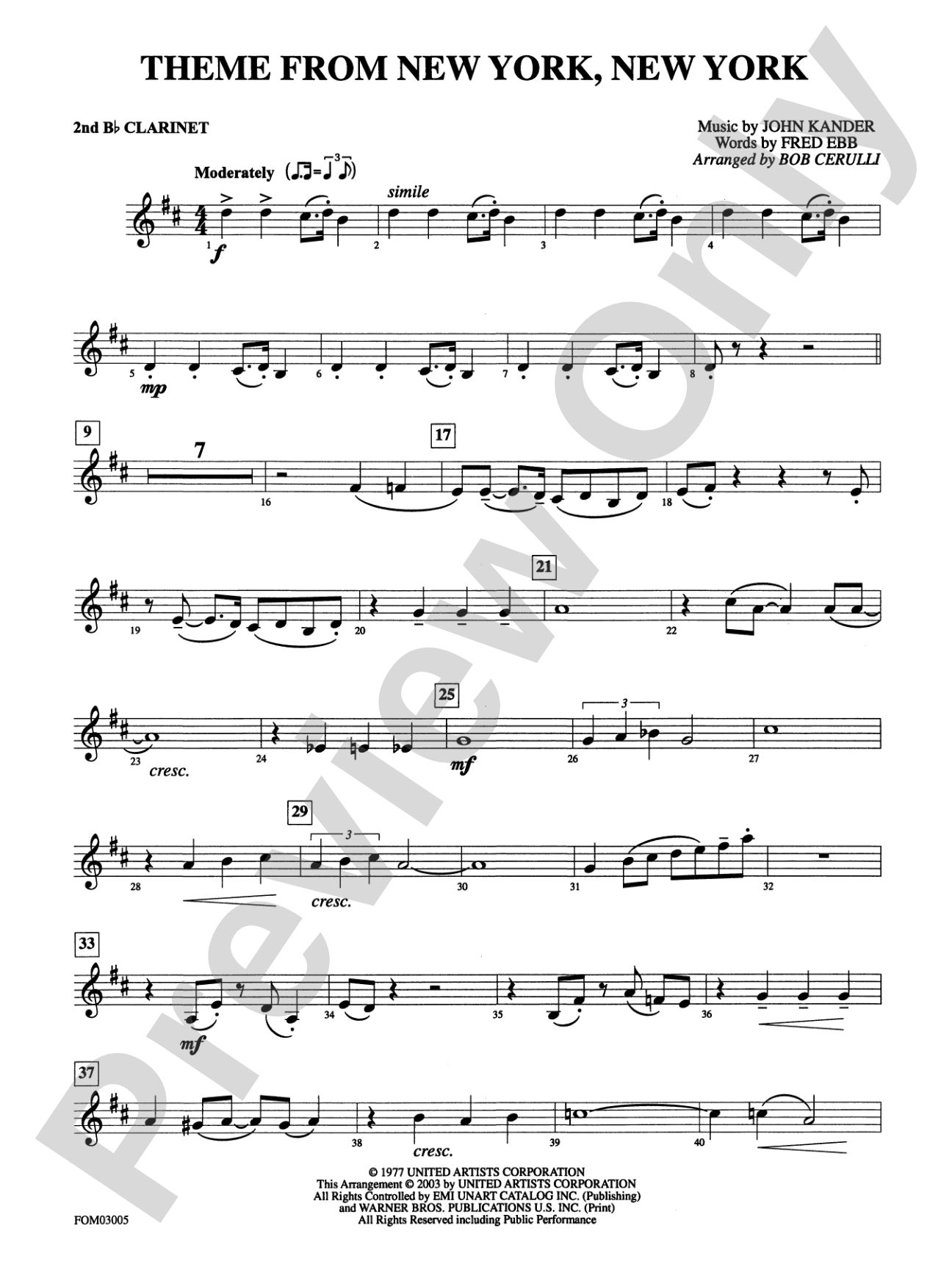 New York, New York, Theme from: 2nd B-flat Clarinet