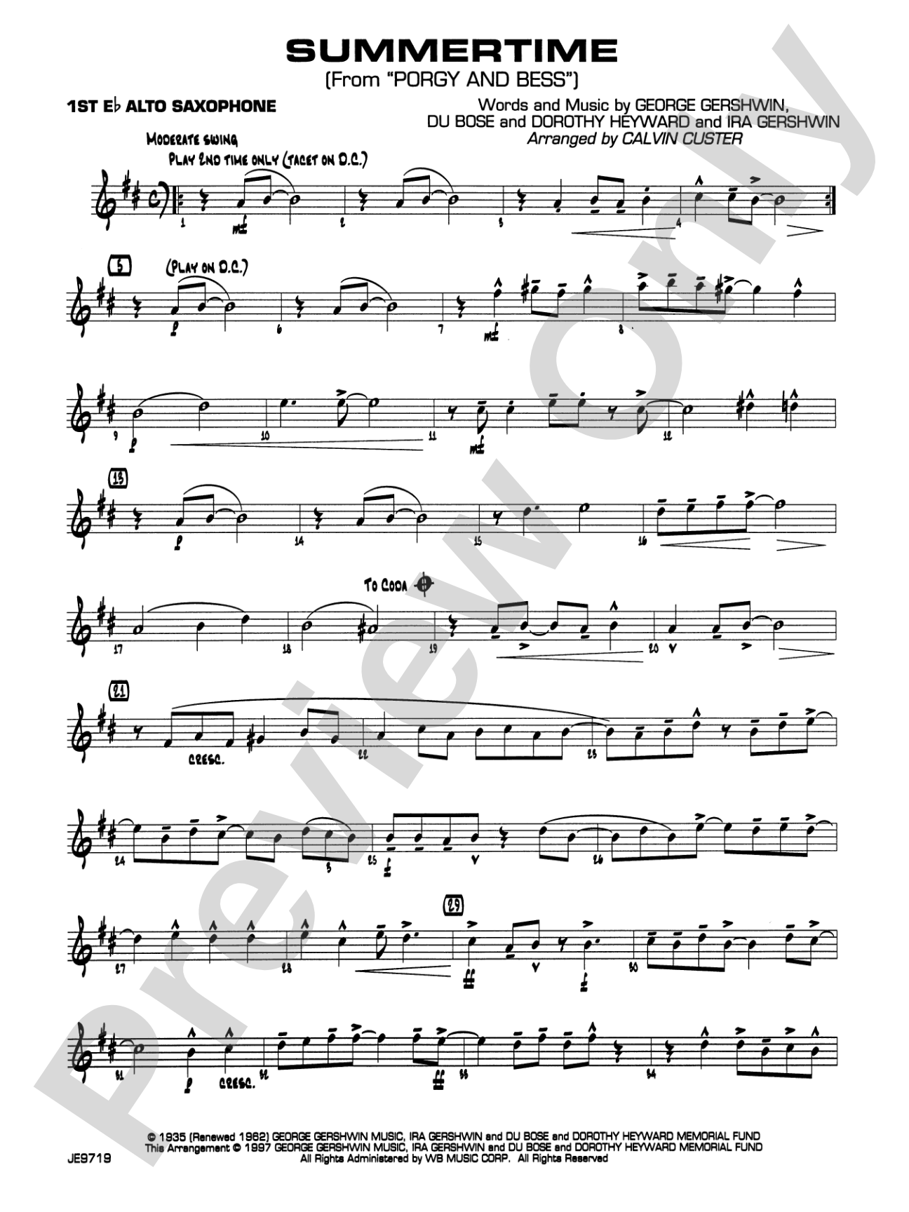 Summertime (from Porgy and Bess®): E-flat Alto Saxophone