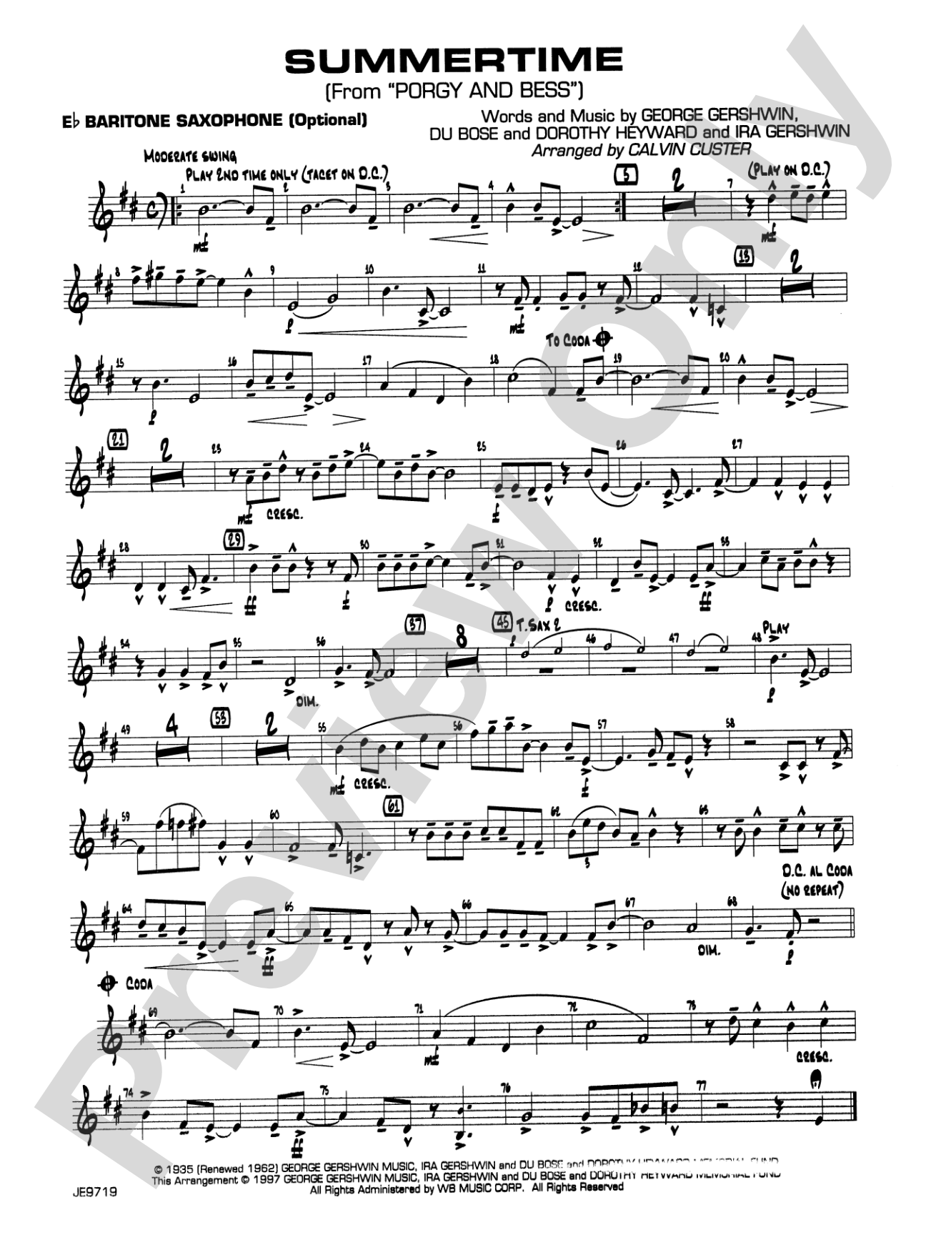 Summertime (from Porgy and Bess®): E-flat Baritone Saxophone