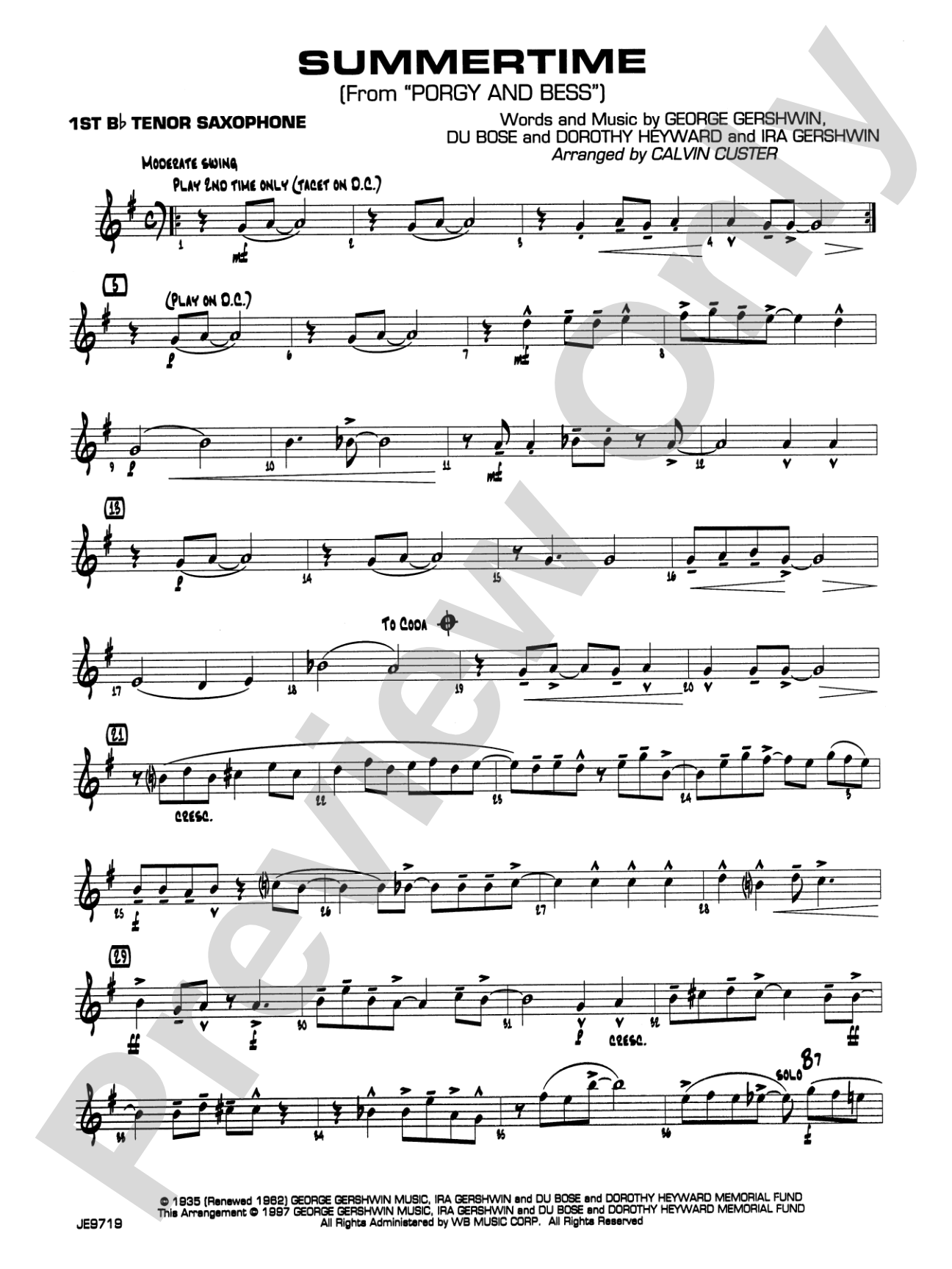 Summertime (from Porgy and Bess®): B-flat Tenor Saxophone