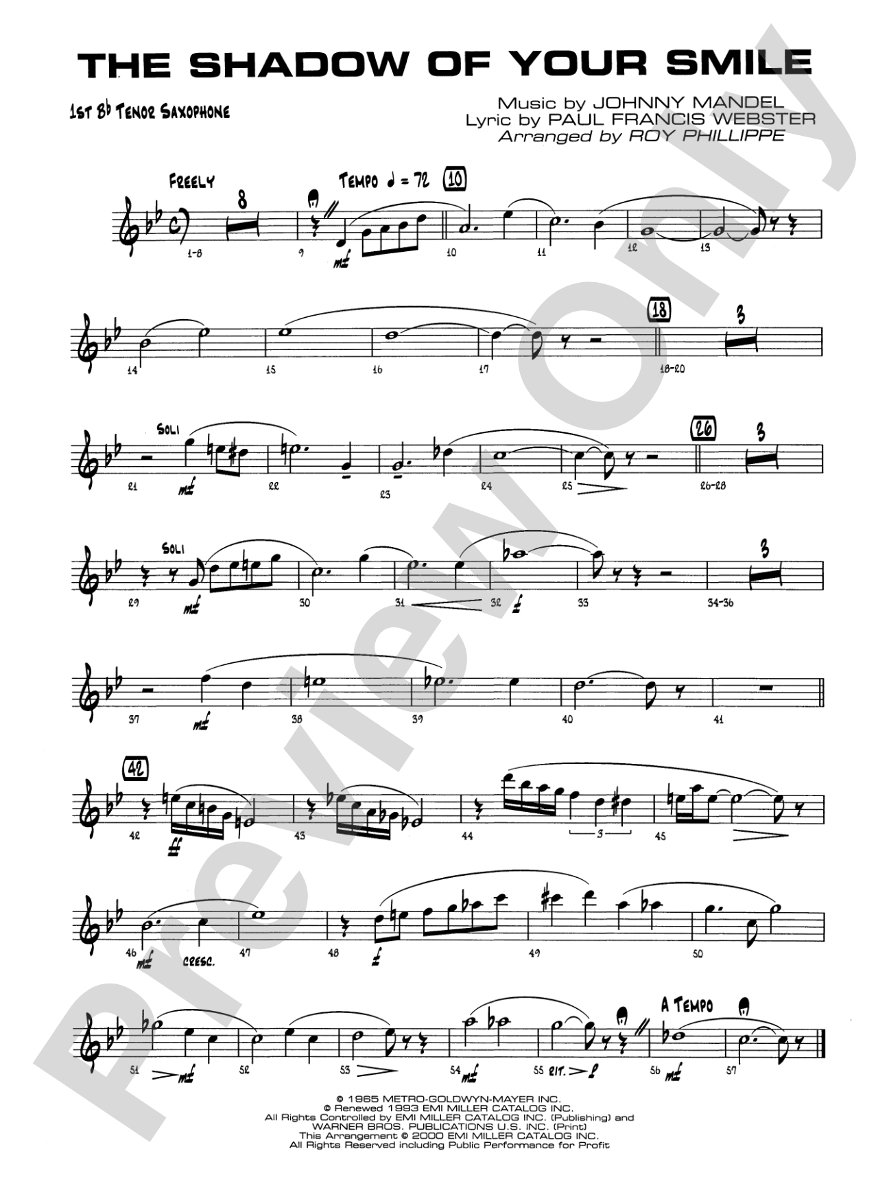 The Shadow of Your Smile (from The Sandpiper): B-flat Tenor Saxophone