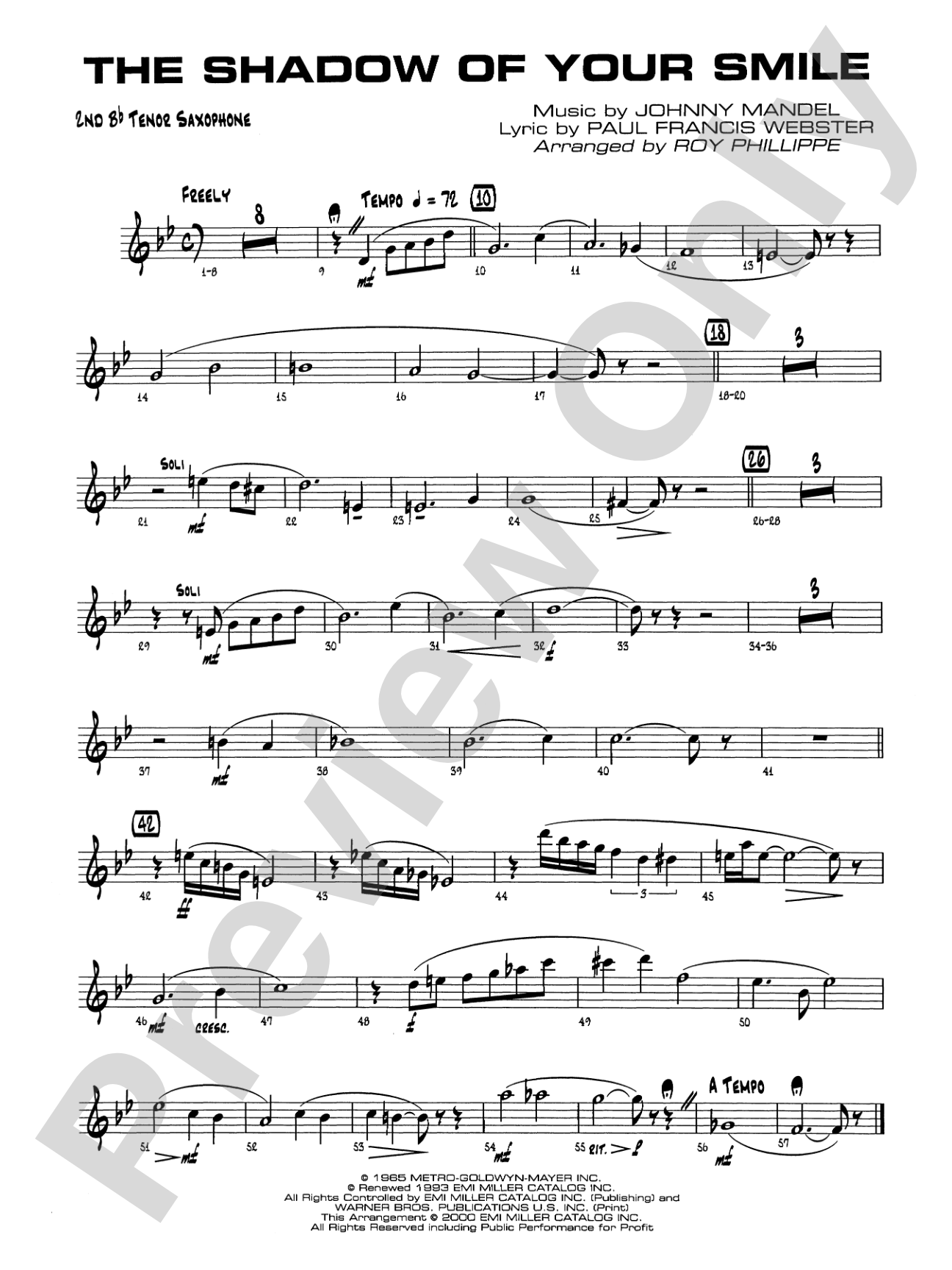The Shadow of Your Smile (from The Sandpiper): 2nd B-flat Tenor Saxophone