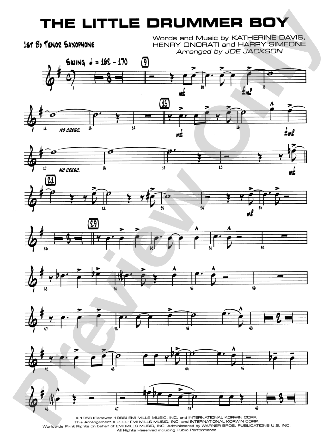 The Little Drummer Boy: B-flat Tenor Saxophone