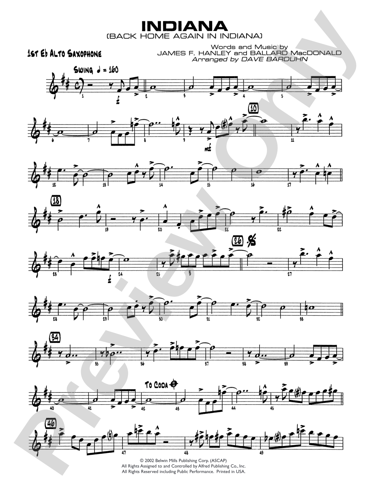 Indiana (Back Home Again in Indiana): E-flat Alto Saxophone