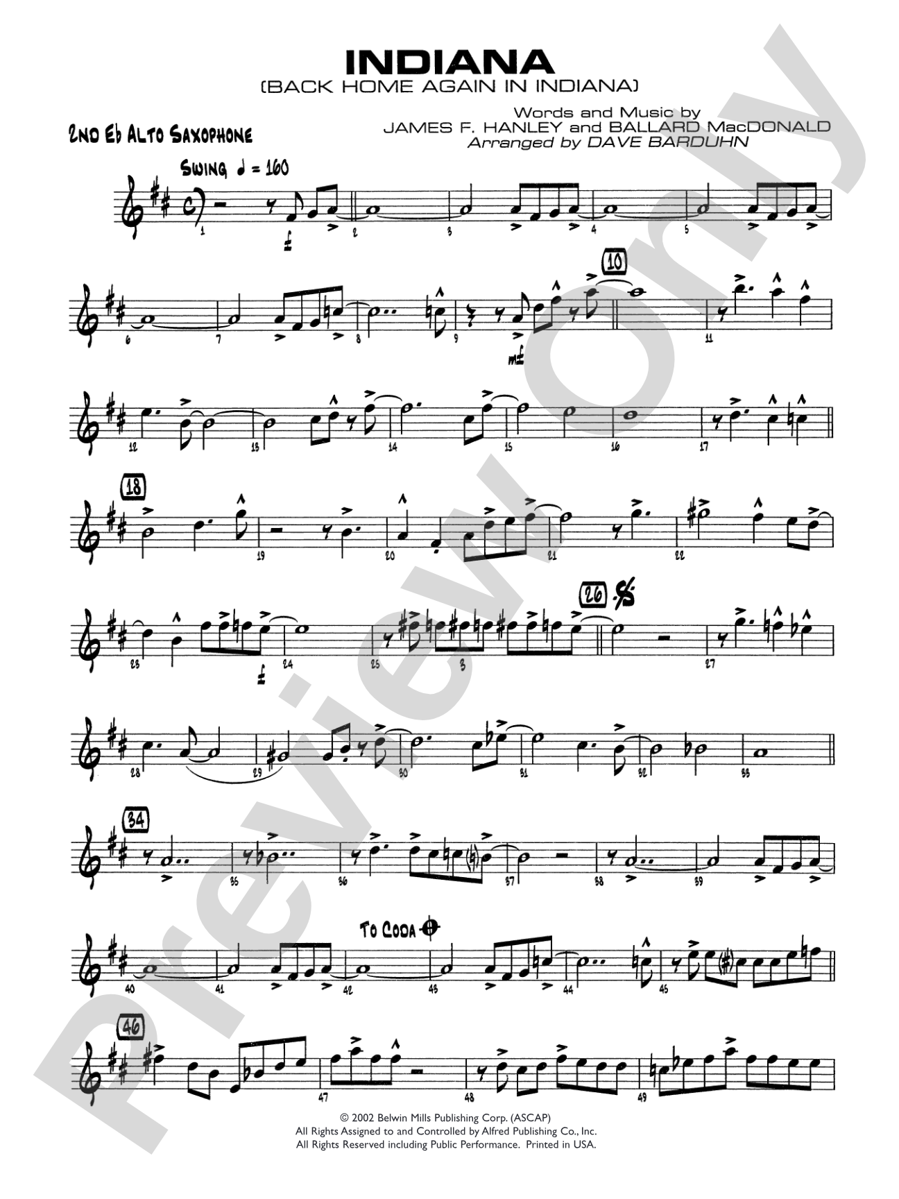 Indiana (Back Home Again in Indiana): 2nd E-flat Alto Saxophone