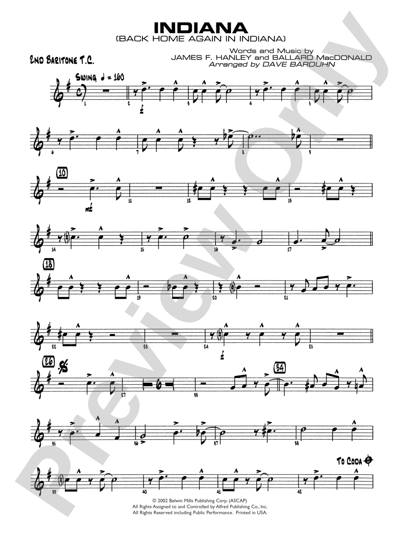Indiana (Back Home Again in Indiana): 2nd Baritone T.C.
