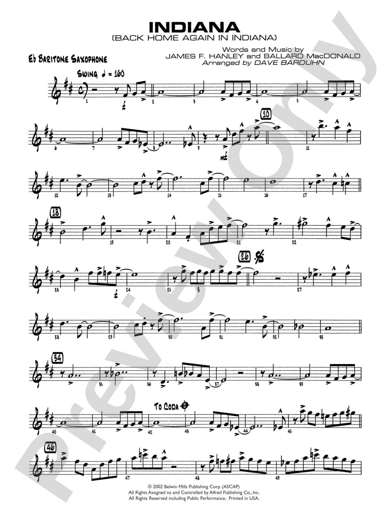 Indiana (Back Home Again in Indiana): E-flat Baritone Saxophone