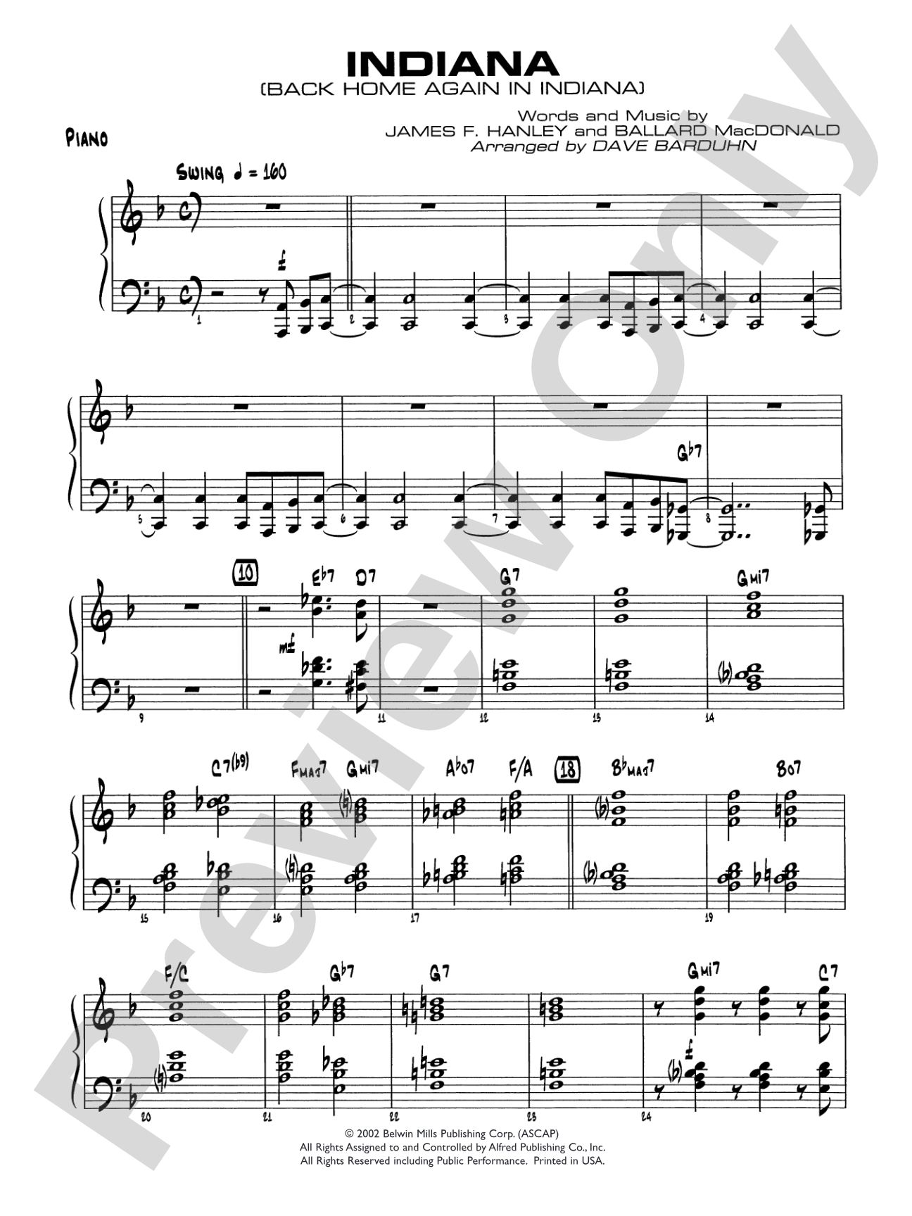 Indiana (Back Home Again in Indiana): Piano Accompaniment