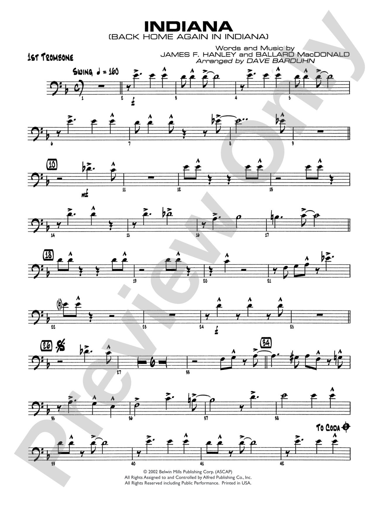 Indiana (Back Home Again in Indiana): 1st Trombone