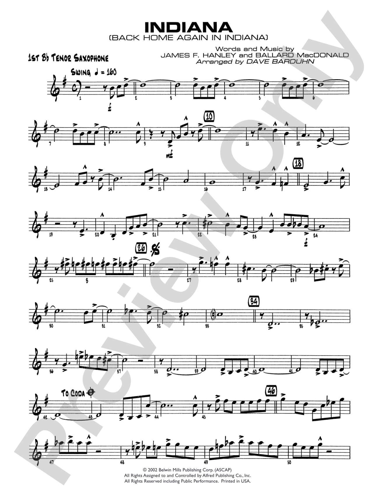 Indiana (Back Home Again in Indiana): B-flat Tenor Saxophone