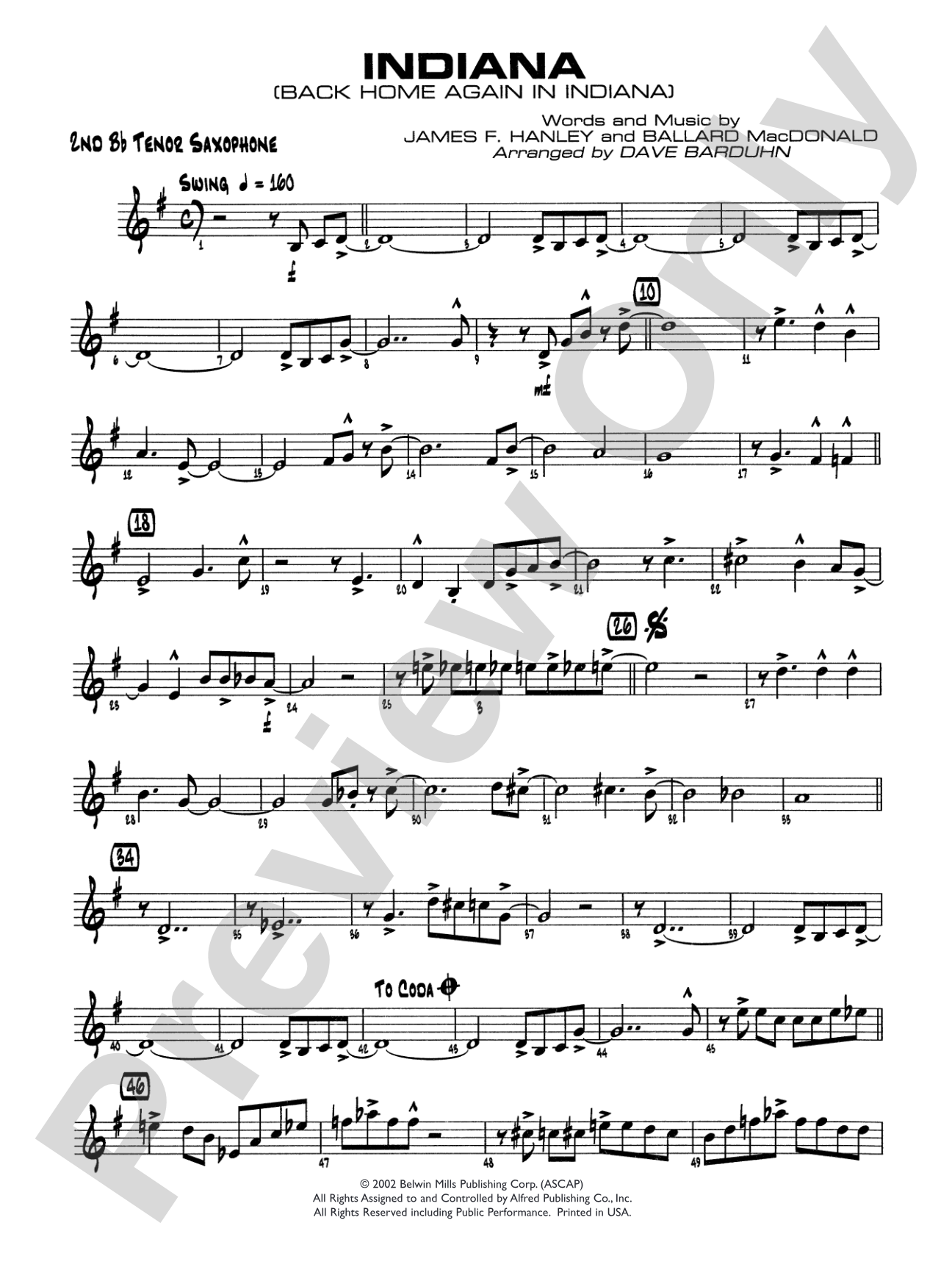 Indiana (Back Home Again in Indiana): 2nd B-flat Tenor Saxophone