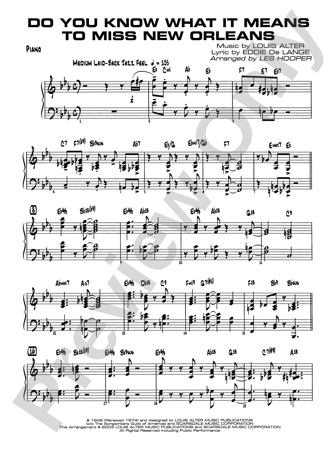 Do You Know What It Means to Miss New Orleans: Piano Accompaniment