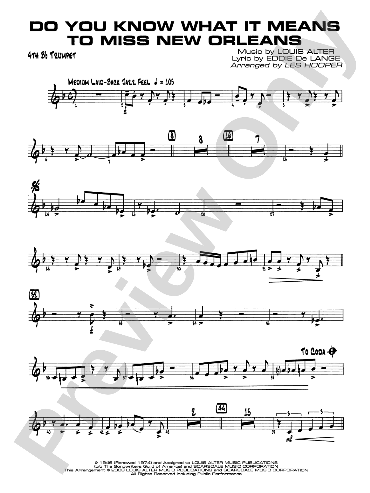 Do You Know What It Means to Miss New Orleans: 4th B-flat Trumpet