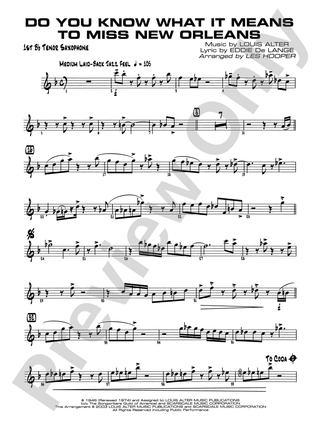 Do You Know What It Means to Miss New Orleans: B-flat Tenor Saxophone