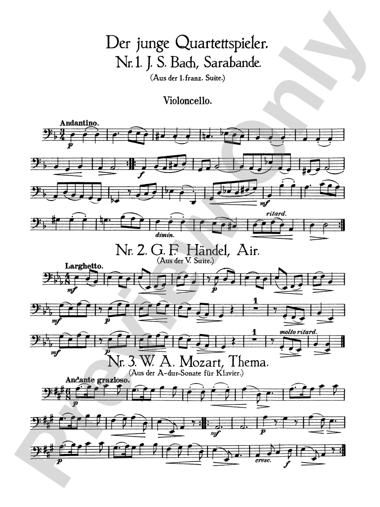 Album of Easy String Quartets, Volume III (Pieces by Bach, Haydn, Mozart, Beethoven, Schumann, Mendelssohn, and others): Cello