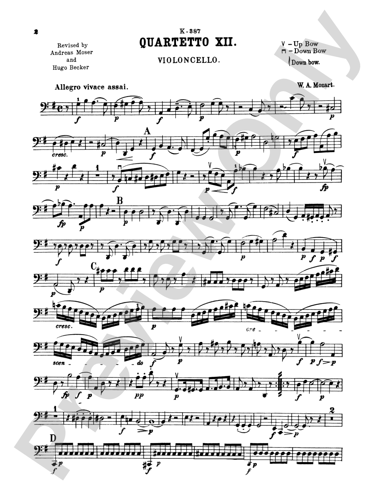 Ten Famous Quartets, K. 387, 421, 428, 458, 464, 465, 499, 575, 589, 590: Cello