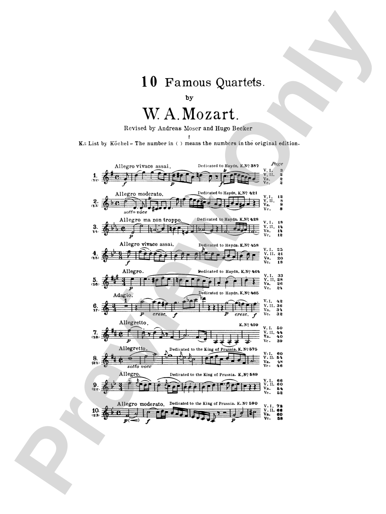 Ten Famous Quartets, K. 387, 421, 428, 458, 464, 465, 499, 575, 589, 590: String Quartet Book