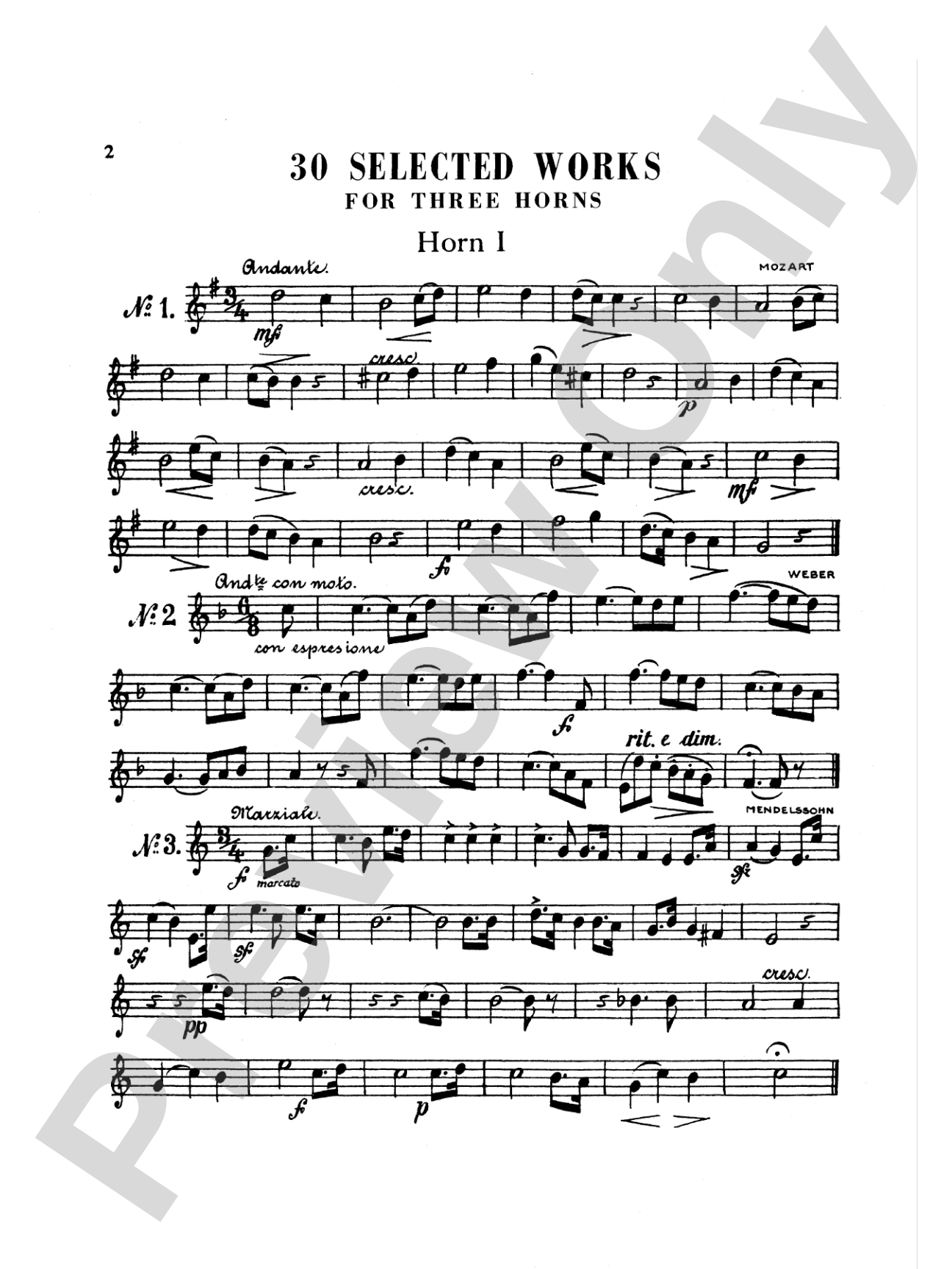 Thirty Selected Works for Three Horns (Mozart, Mendelssohn, Kling, etc.): French Horn Parts Only