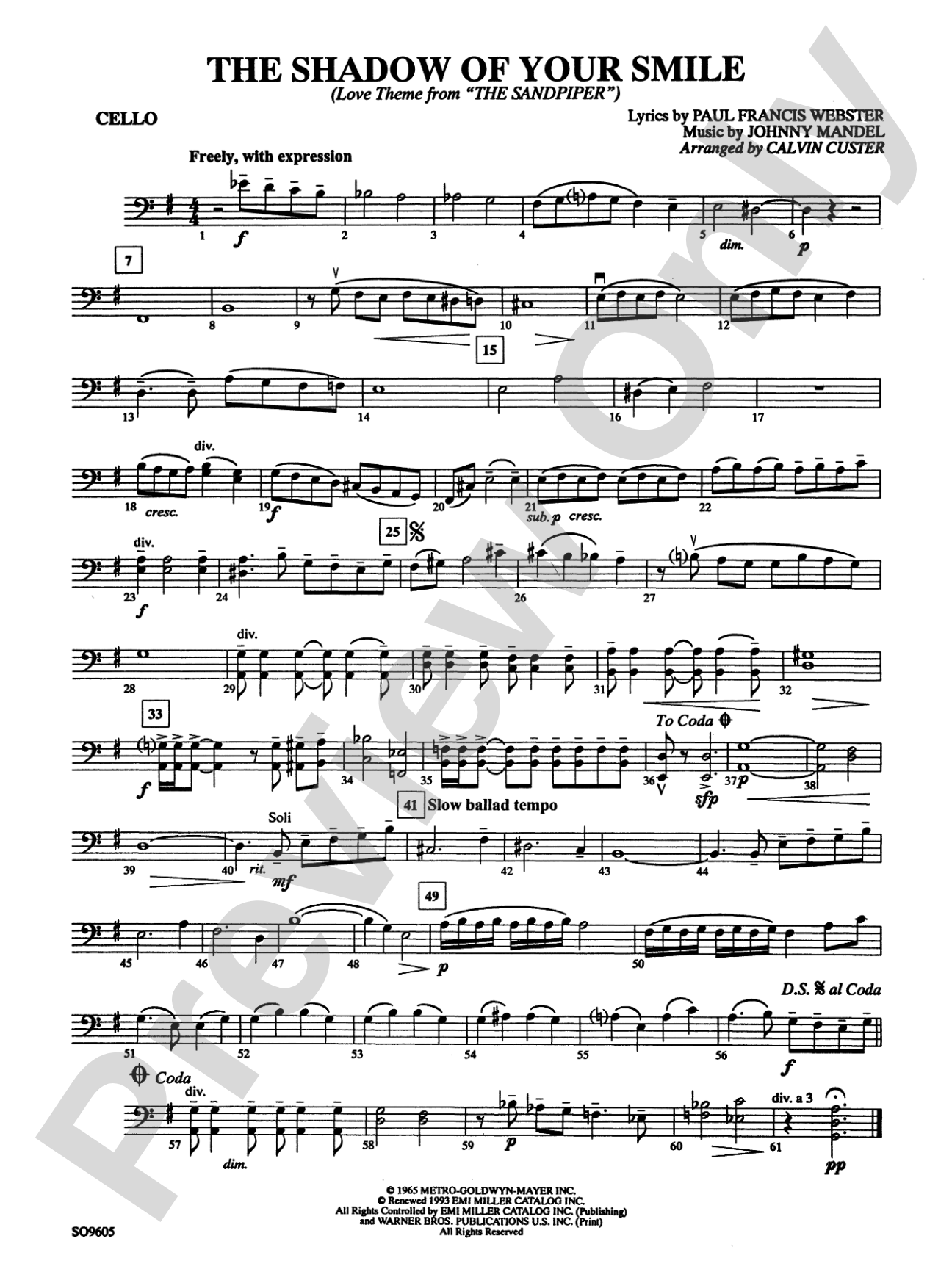 The Shadow of Your Smile (from The Sandpiper): Cello