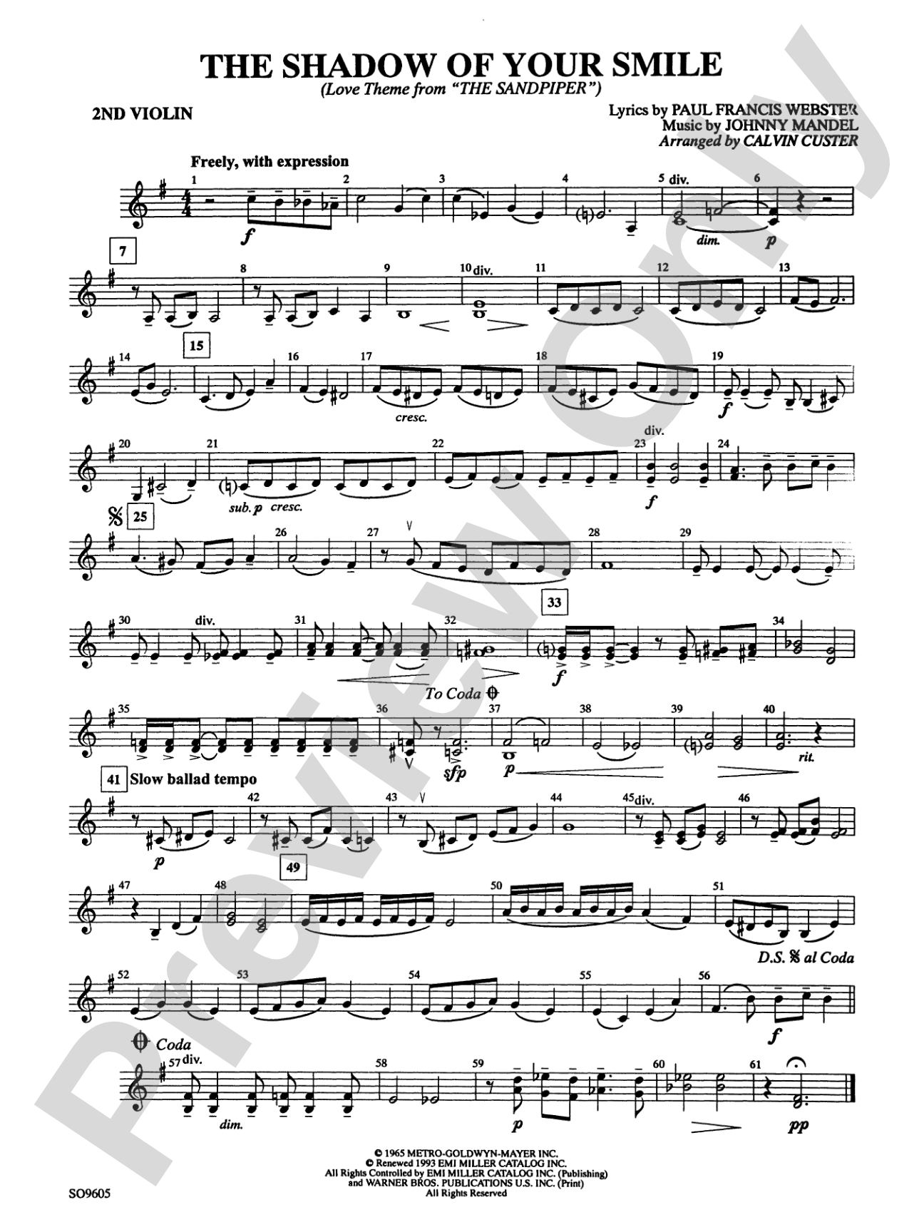 The Shadow of Your Smile (from The Sandpiper): 2nd Violin
