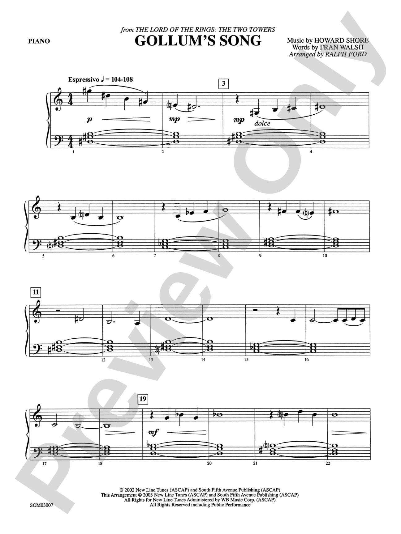 Gollum's Song (from The Lord of the Rings: The Two Towers): Piano Accompaniment