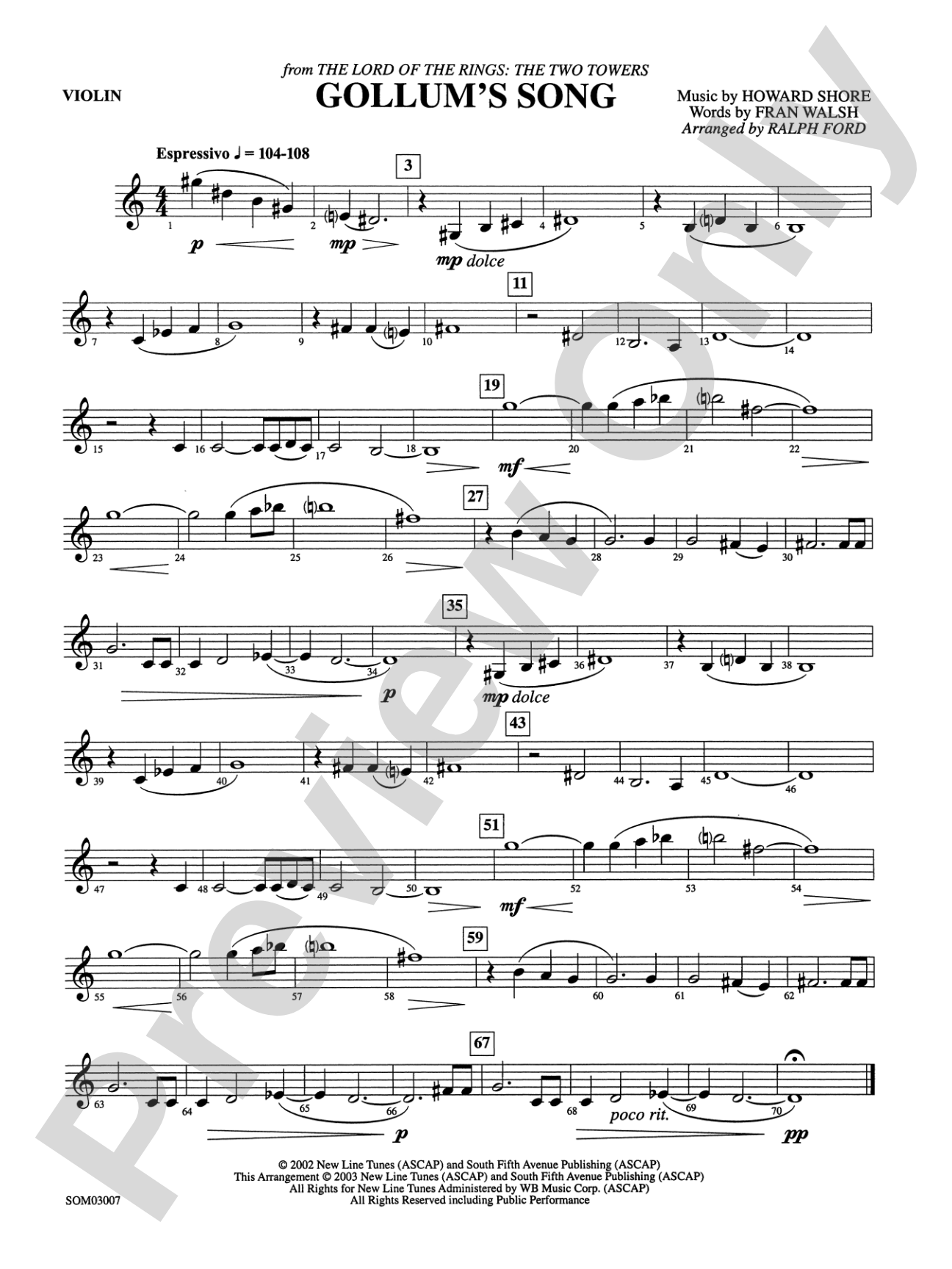 Gollum's Song (from The Lord of the Rings: The Two Towers): 1st Violin