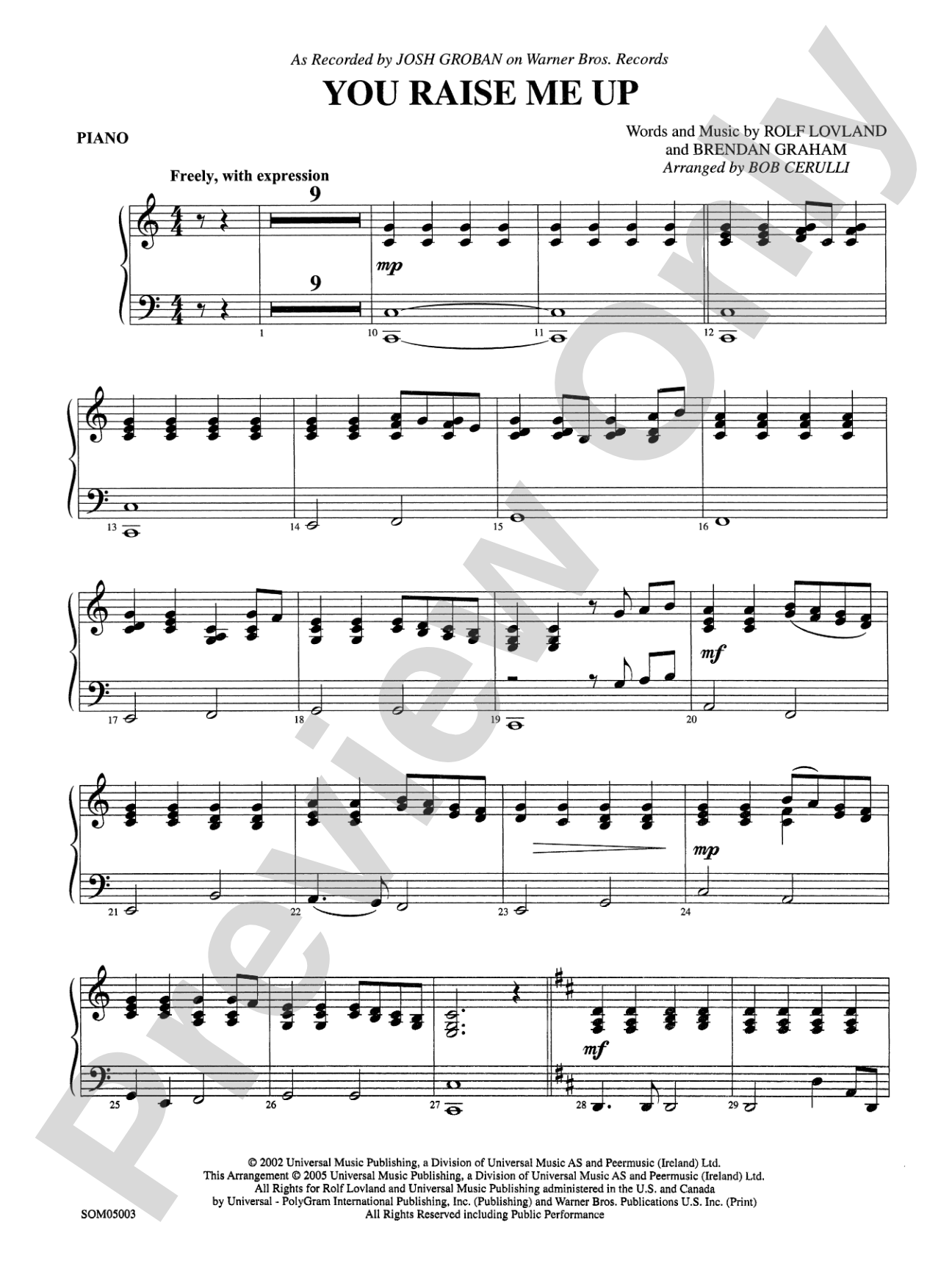 You Raise Me Up (as recorded by Josh Groban): Piano Accompaniment