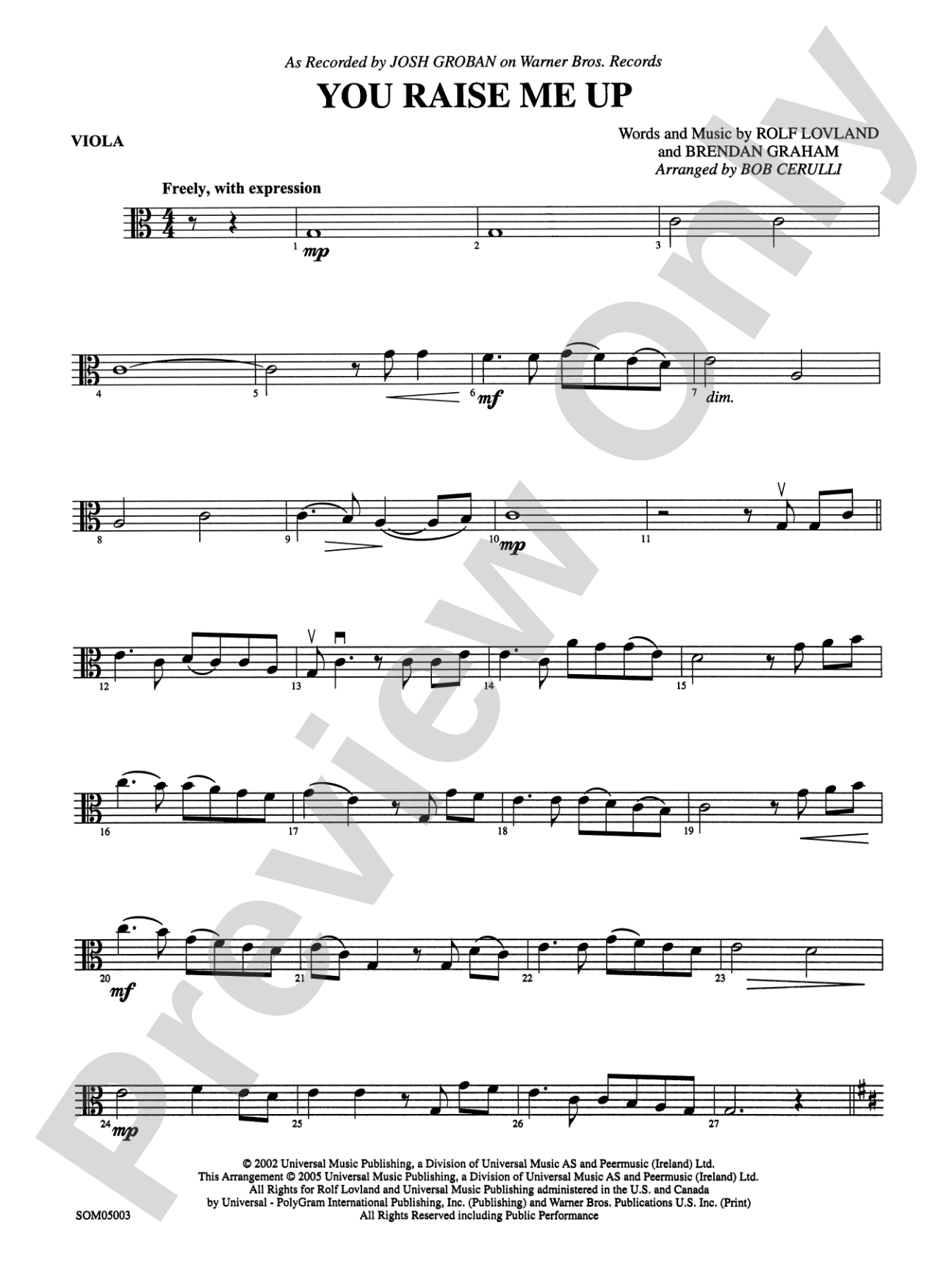 You Raise Me Up (as recorded by Josh Groban): Viola