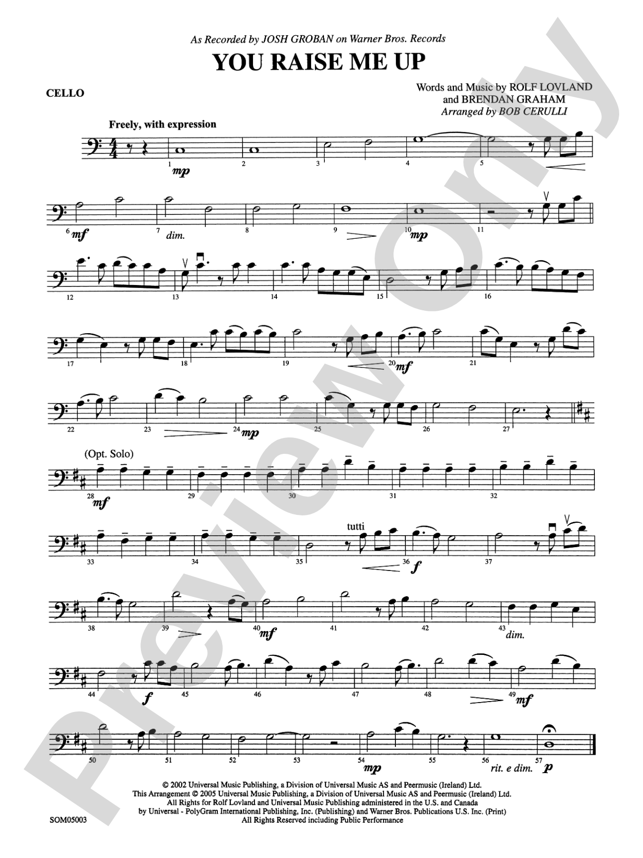 You Raise Me Up (as recorded by Josh Groban): Cello