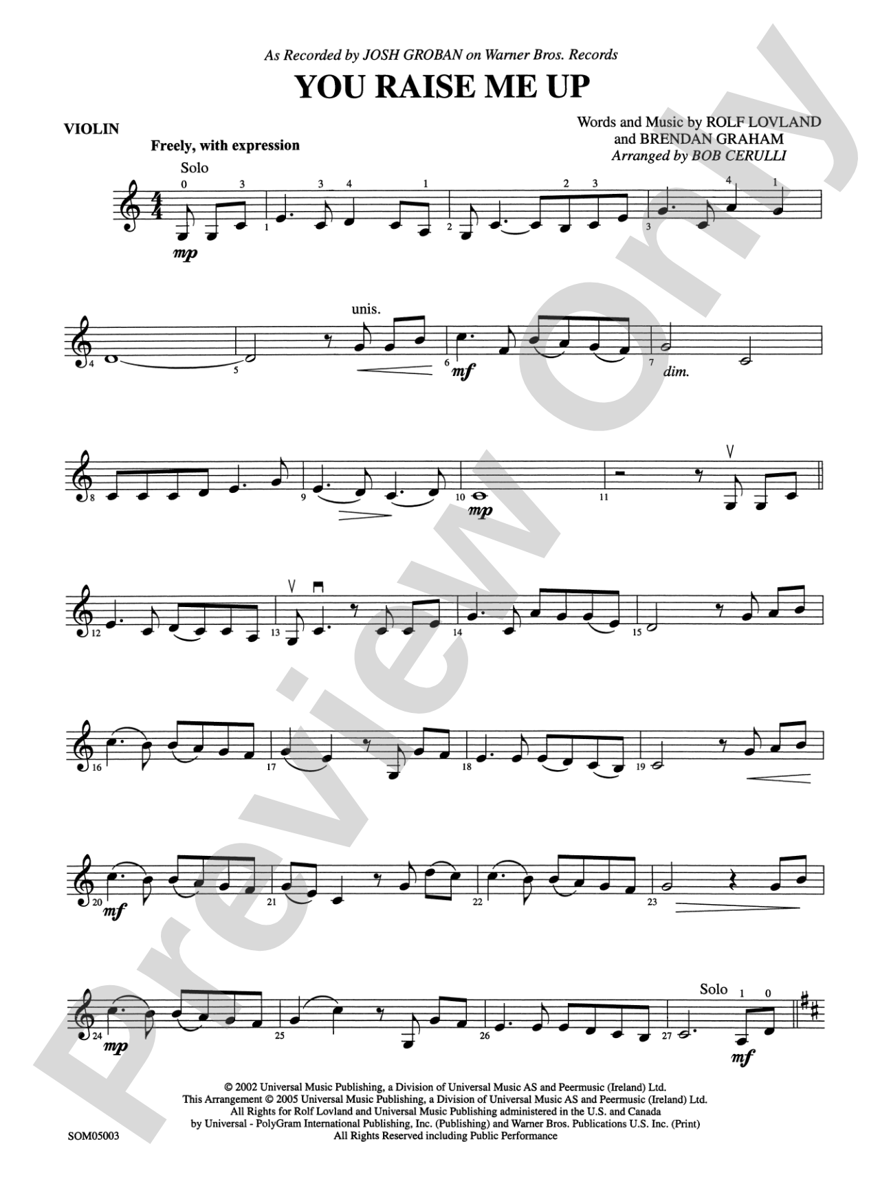 You Raise Me Up (as recorded by Josh Groban): 1st Violin