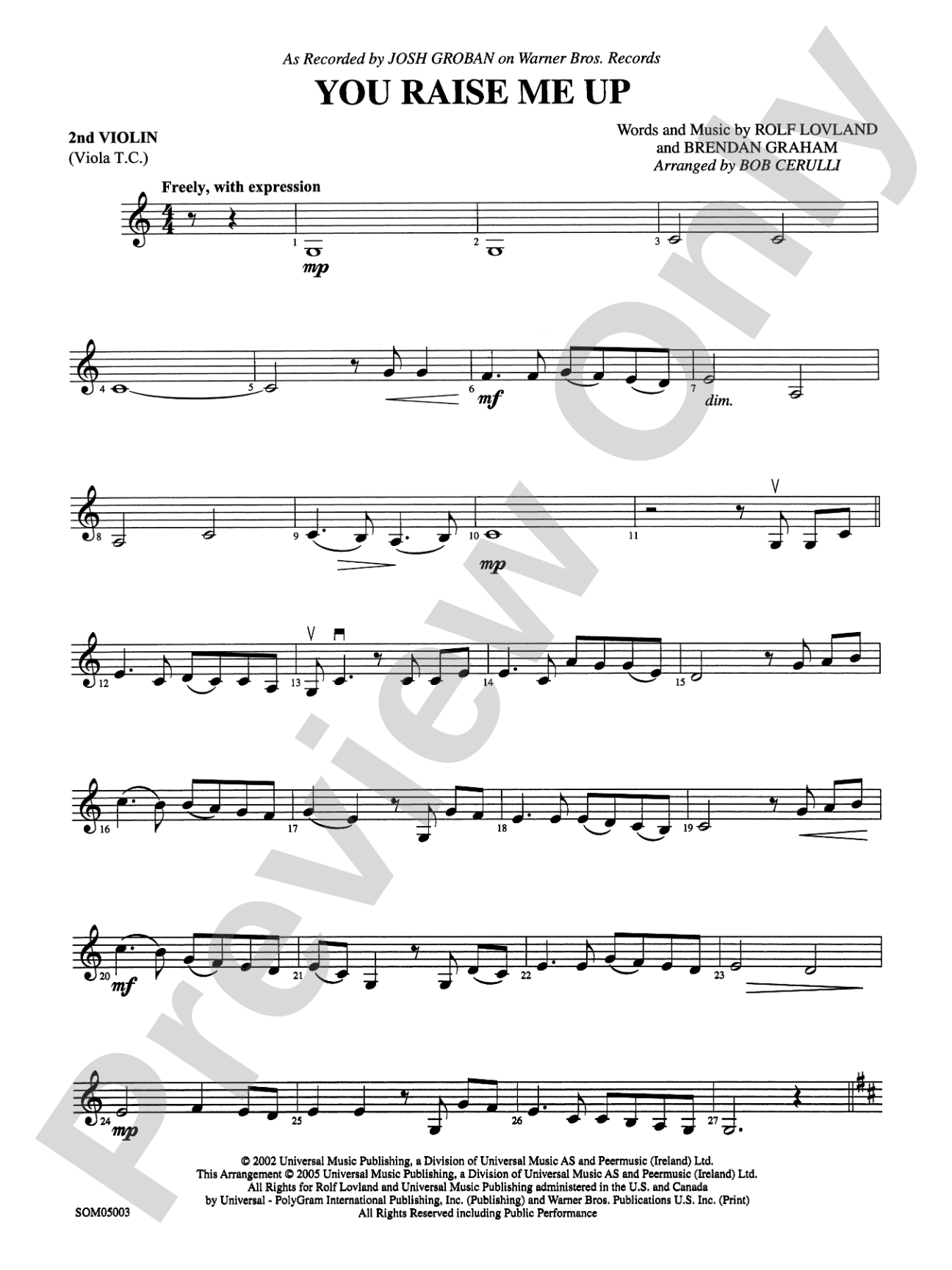 You Raise Me Up (as recorded by Josh Groban): 2nd Violin