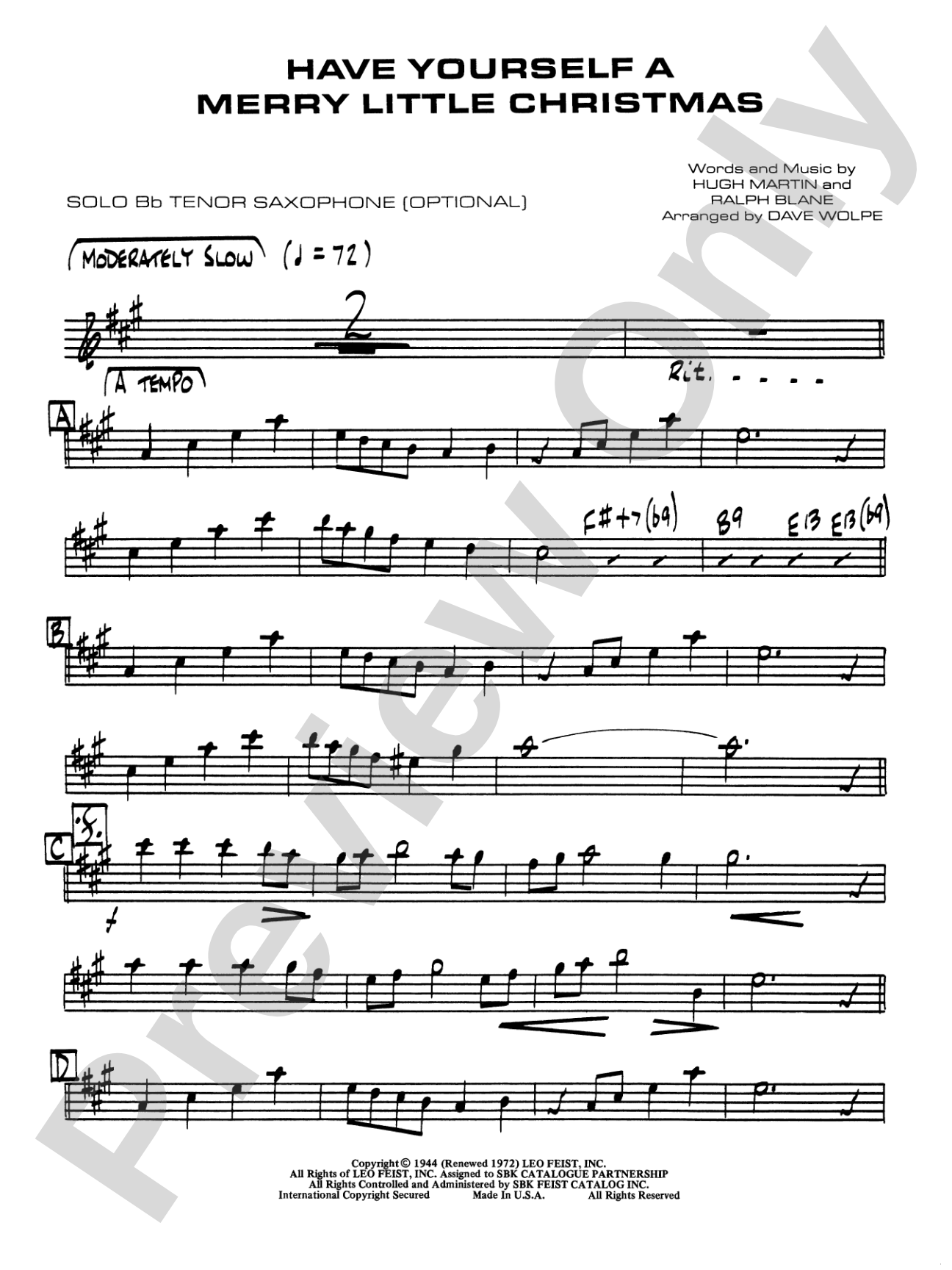 Have Yourself a Merry Little Christmas: Solo Tenor Saxophone