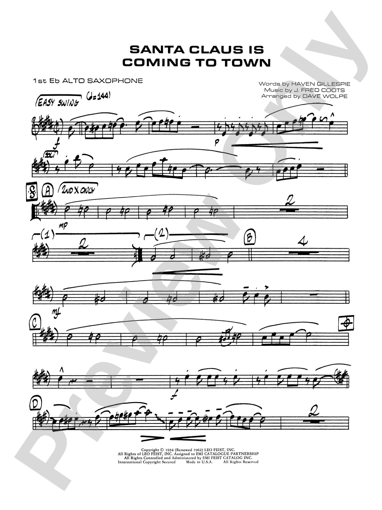 Santa Claus Is Coming to Town: E-flat Alto Saxophone