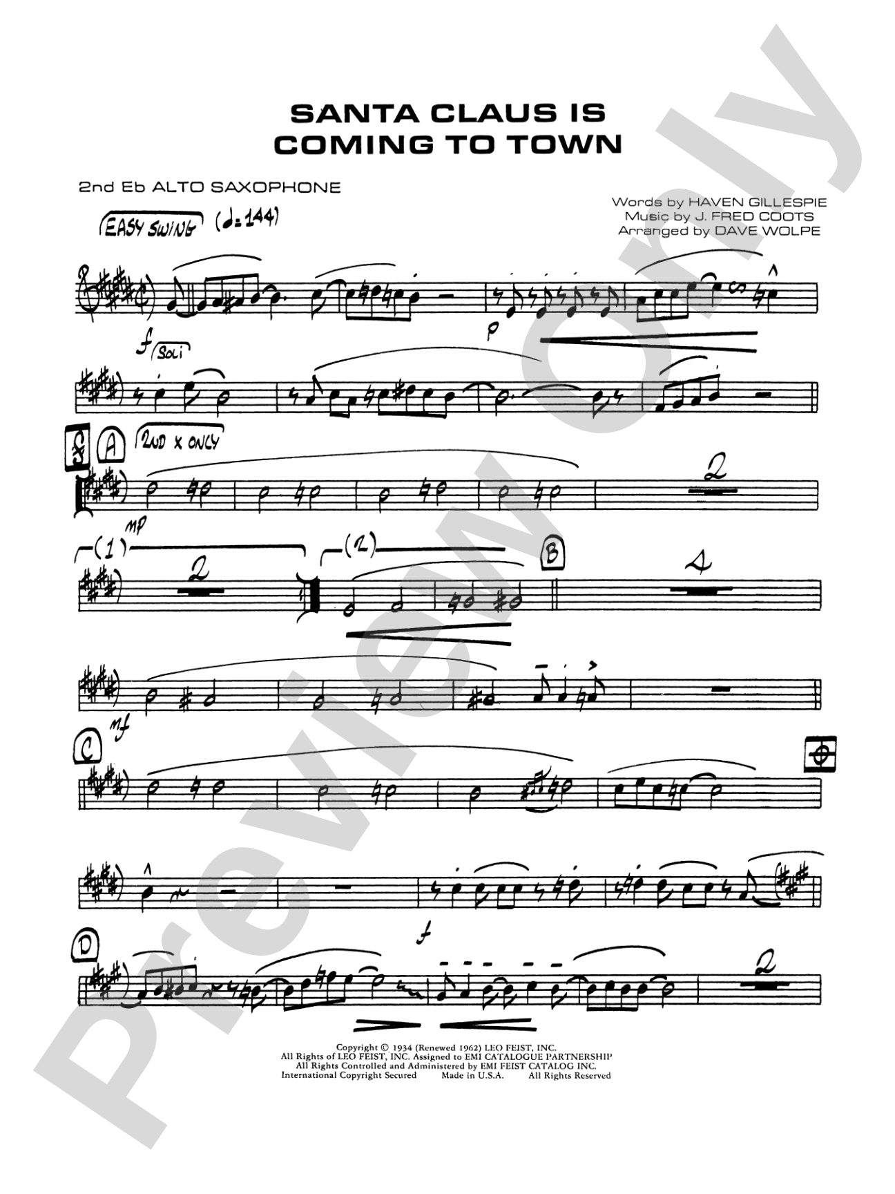 Santa Claus Is Coming to Town: 2nd E-flat Alto Saxophone