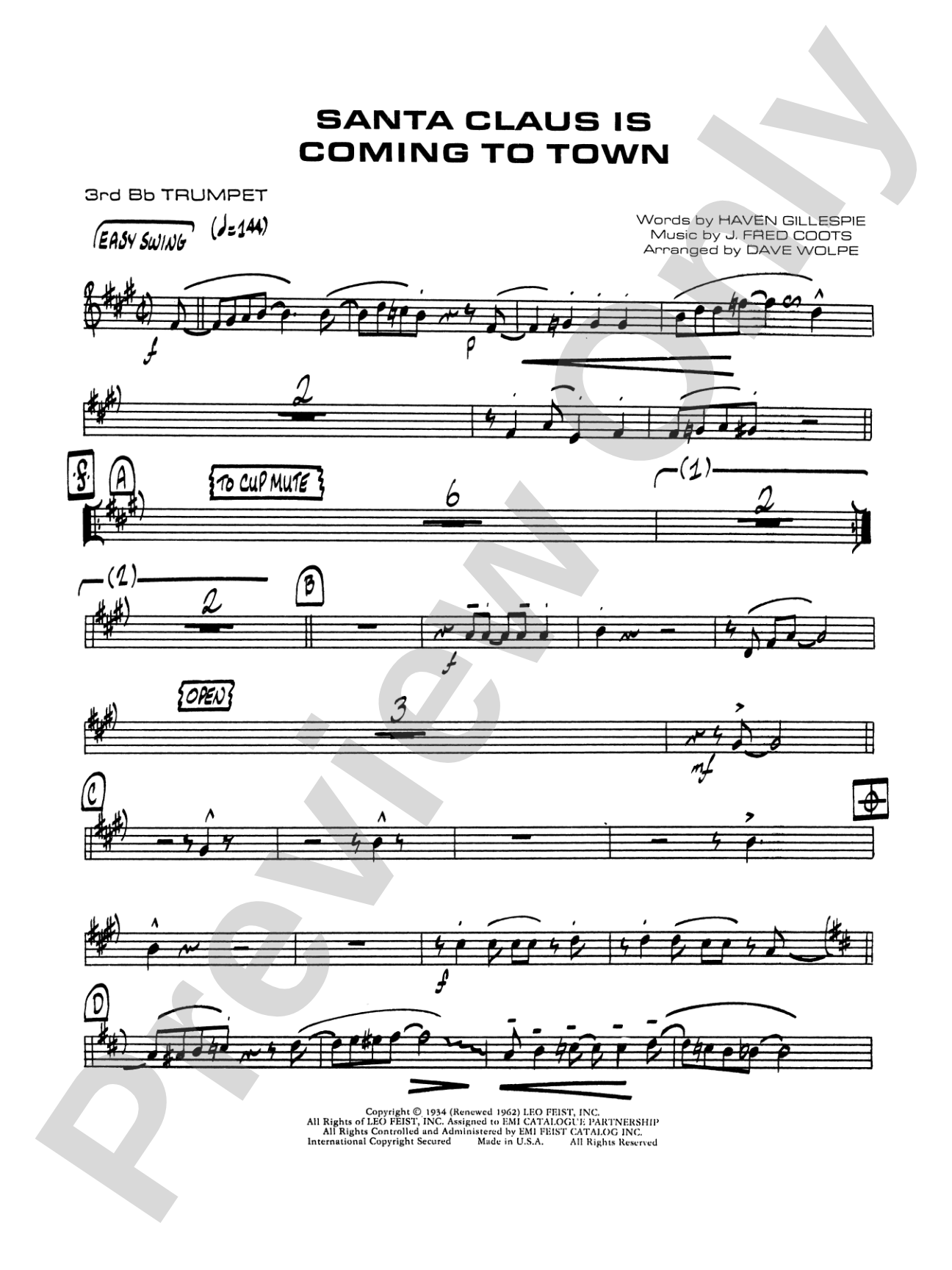 Santa Claus Is Coming to Town: 3rd B-flat Trumpet