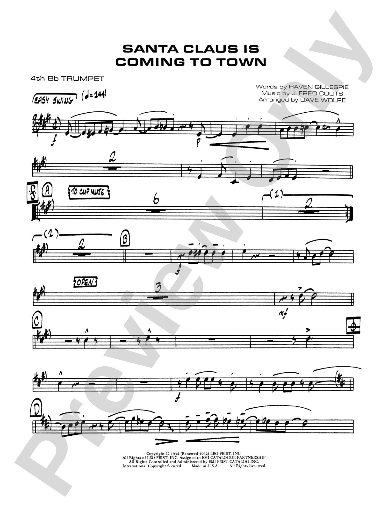 Santa Claus Is Coming to Town: 4th B-flat Trumpet
