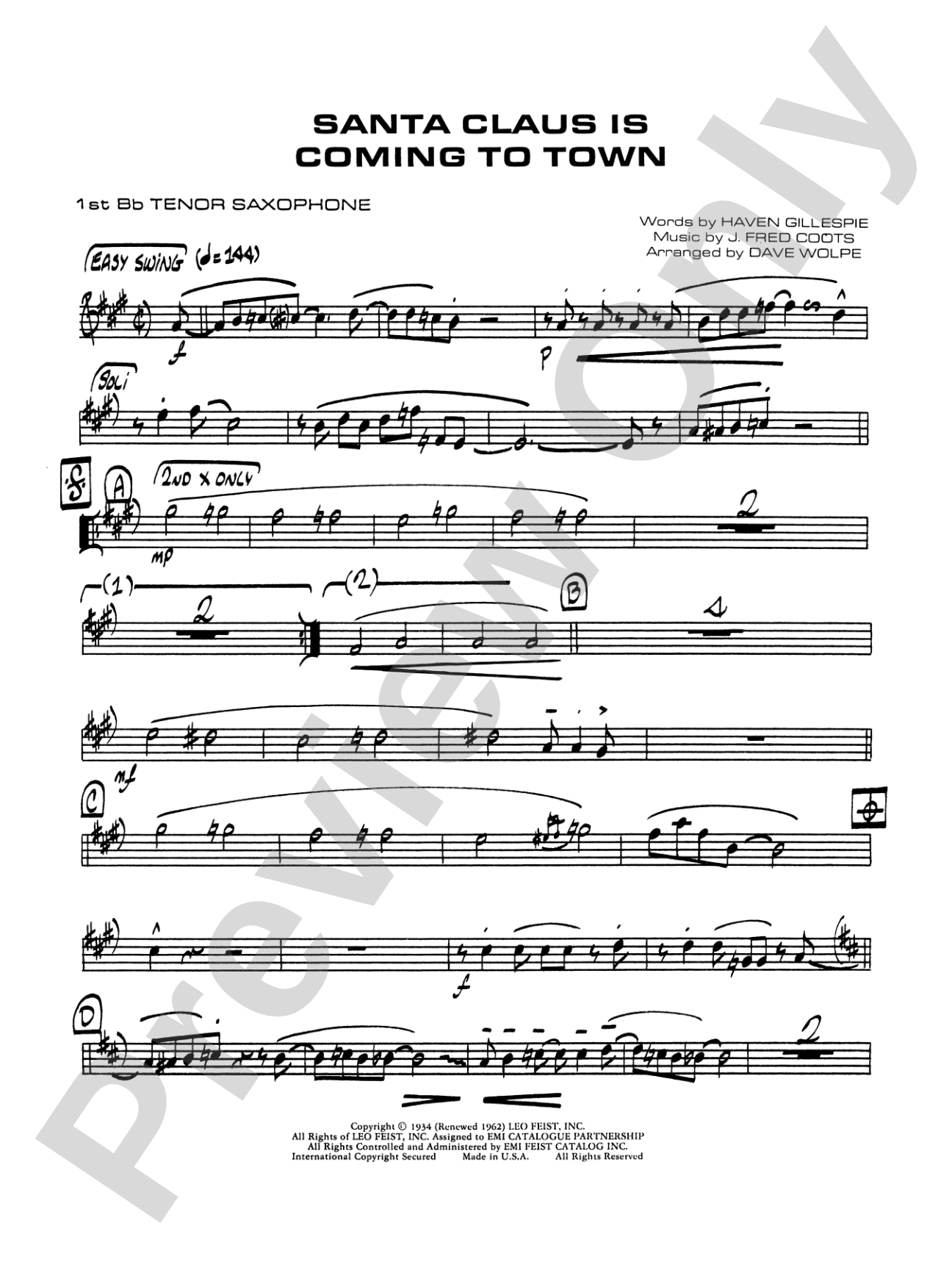 Santa Claus Is Coming to Town: B-flat Tenor Saxophone