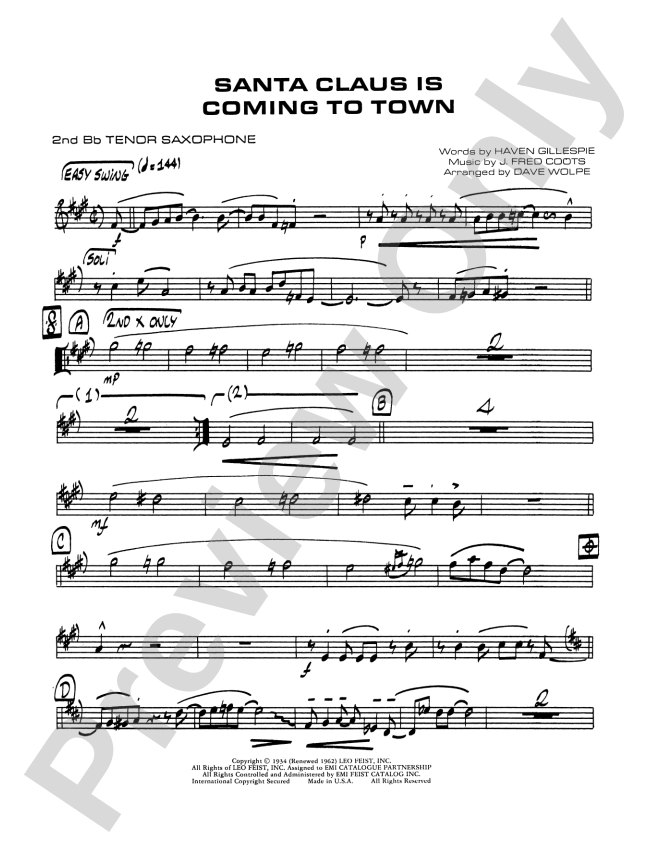 Santa Claus Is Coming to Town: 2nd B-flat Tenor Saxophone