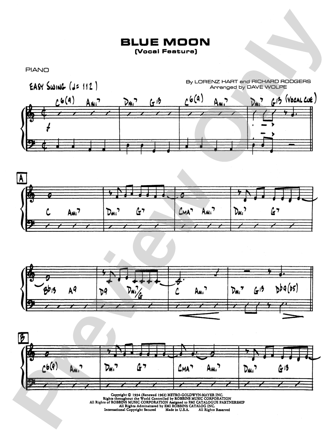 Blue Moon: Piano Accompaniment