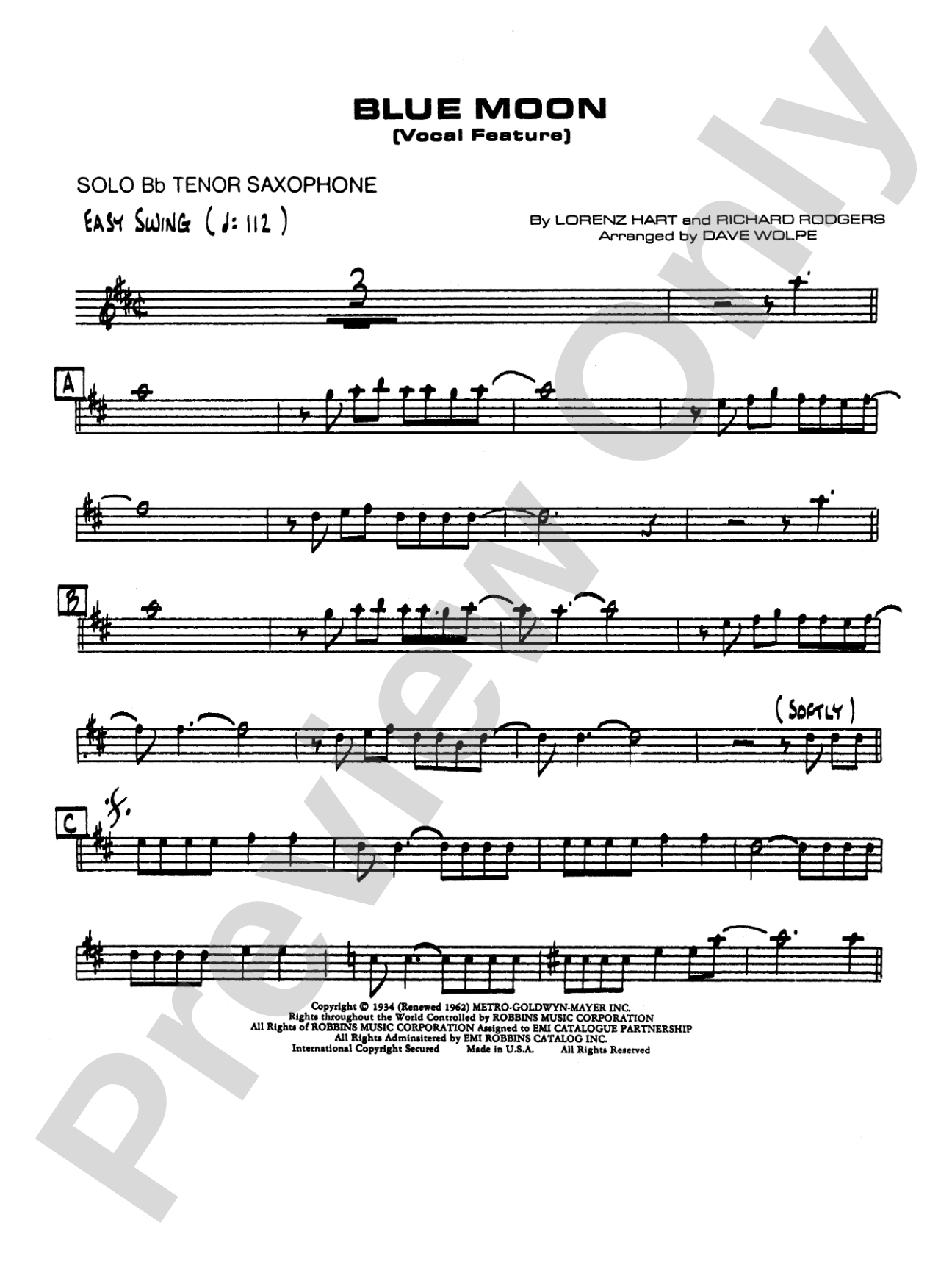 Blue Moon: Solo Tenor Saxophone