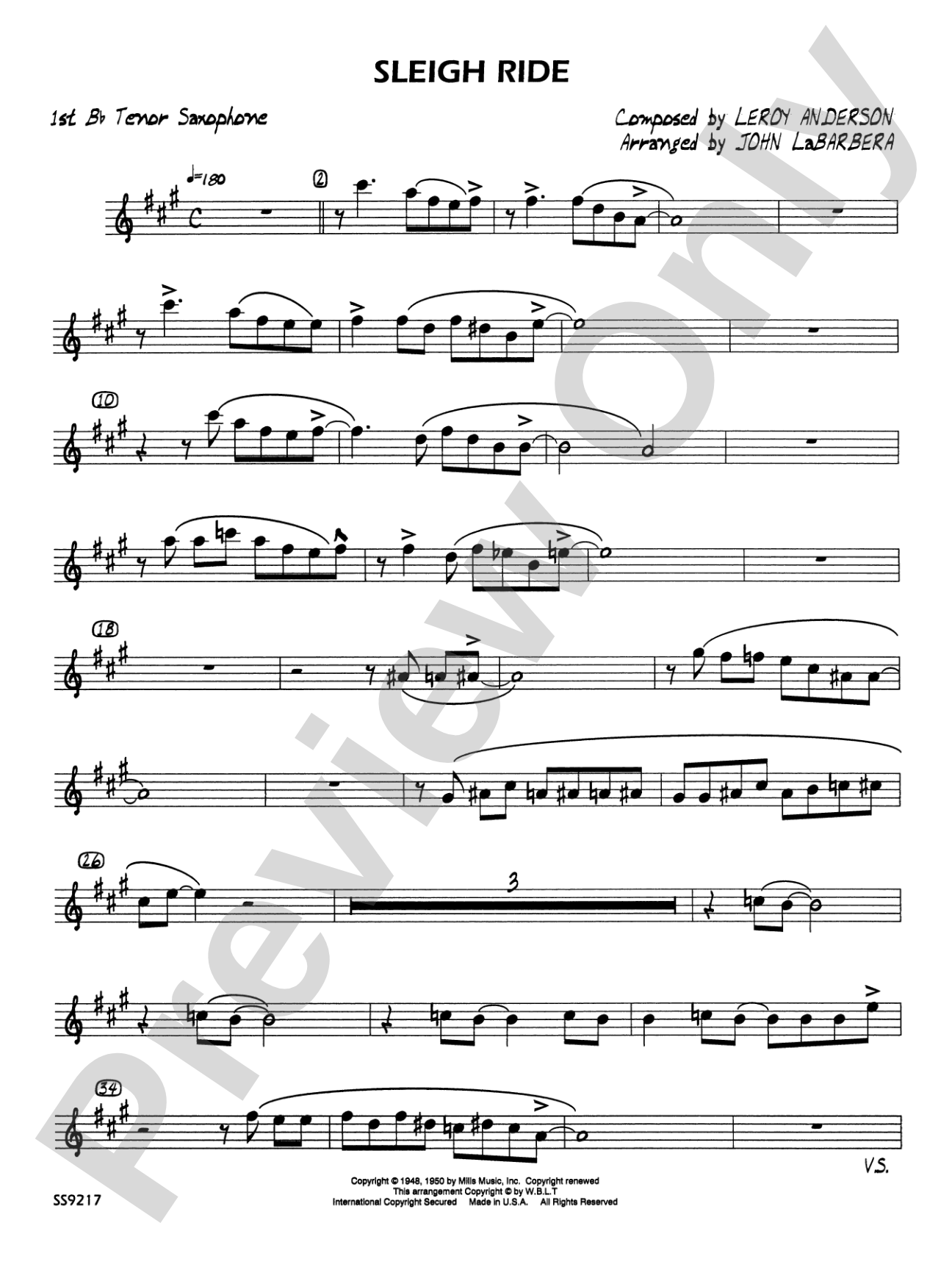 Sleigh Ride: B-flat Tenor Saxophone