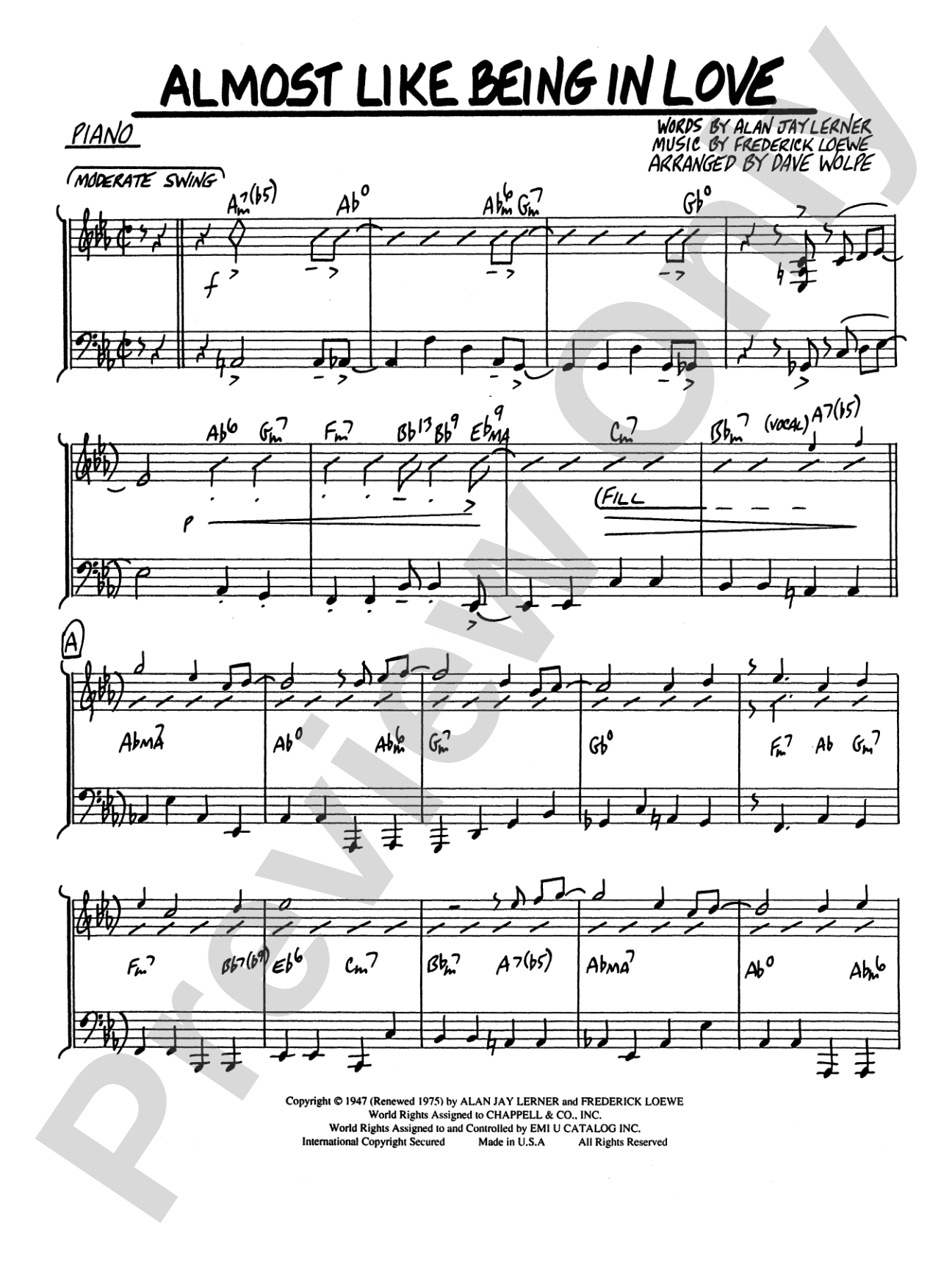 Almost Like Being in Love: Piano Accompaniment